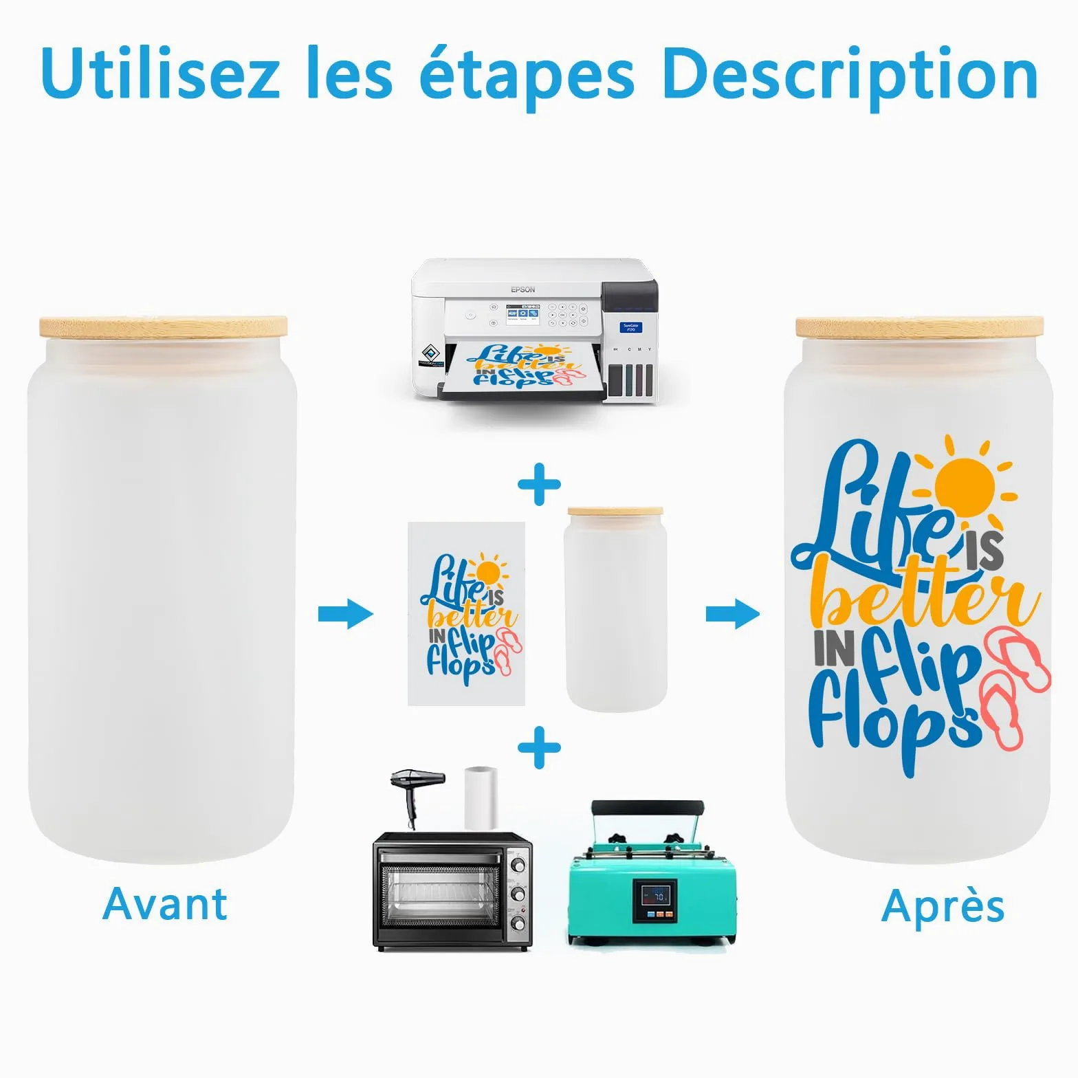 Lot de 12 Verres Givrés à Sublimation 16oz, Gobelets en Verre Borosilicate avec Couvercles en Bambou et Pailles, Blanks pour Bière, Jus, Soda, Café Glacé, Boissons