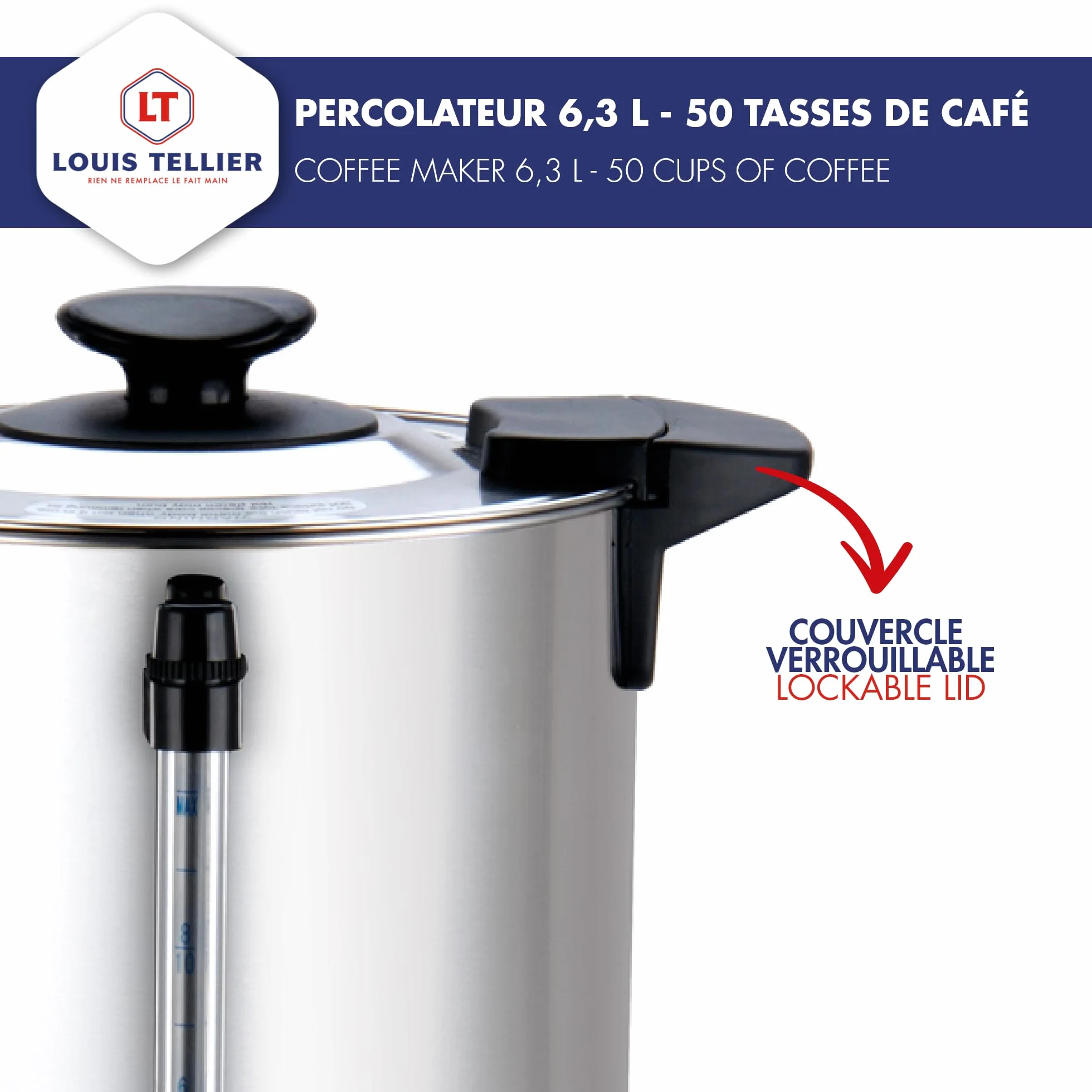 LOUIS TELLIER - Percolateur à café professionnel - Capacité 6,3 L - 50 tasses - INOX - Filtre en inox - Robinet anti-gouttes
