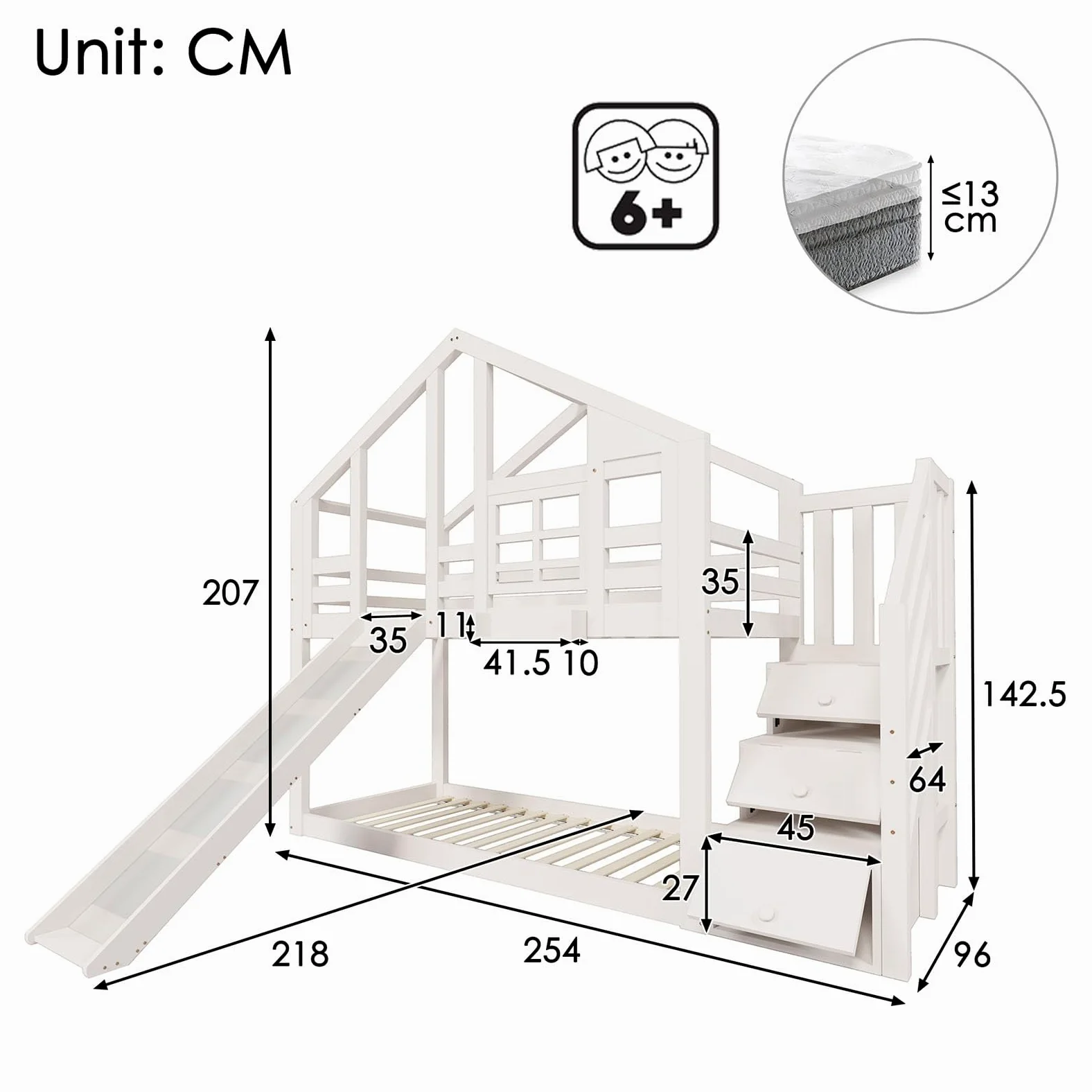 Lit Enfant, lit superposé, lit Triple, 90 x 200 cm, avec Toboggan et échelle, Toit au Design Unique, lit supérieur avec Espace de Rangement, pin et MDF (Blanc-C, 90×200 CM)