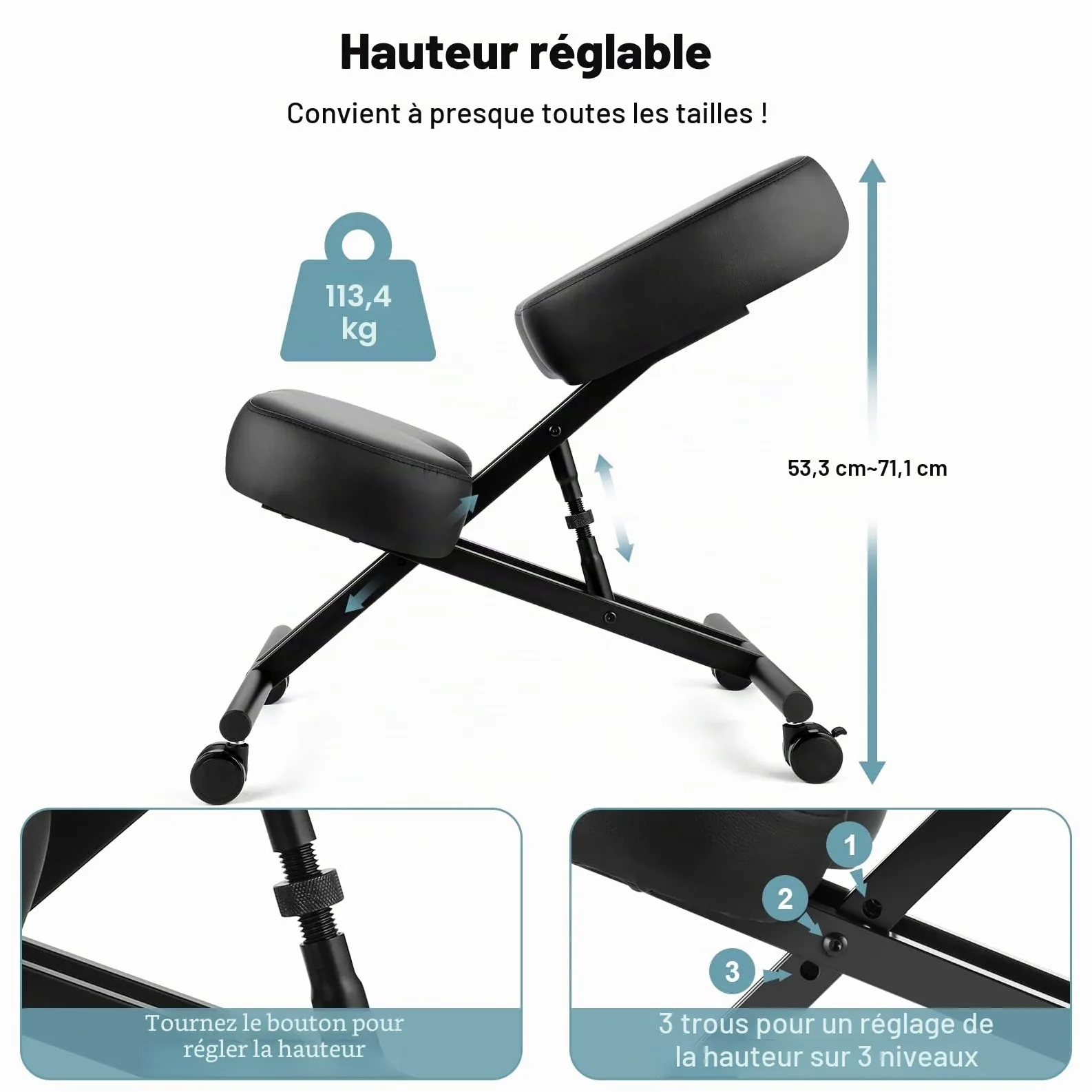 Chaise à Genoux de Bureau Ergonomique, Tabouret Genoux pour la Maison et Le Bureau, Chaise pour Ordinateur avec roulettes, Réglable Hauteur, Structure de Métal, Faux Cuir, Rembourrée