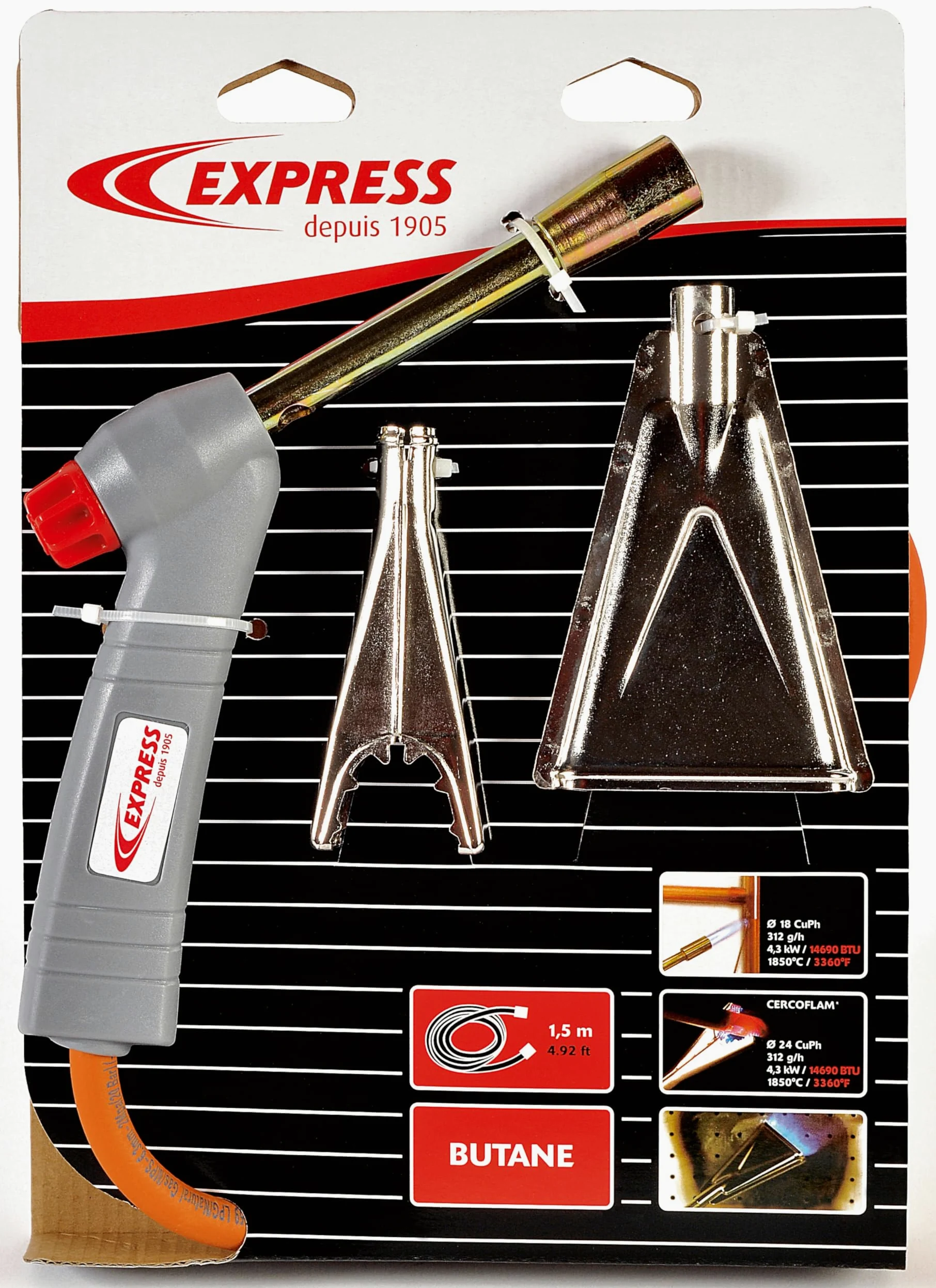 Express, 5200, Chalumeau à Gaz Butane de Plombier Standard + Accessoires - Débit Gaz 312 (g/h) - Puissance 4,3 kW - avec Accessoires Cercoflam et Lance Brûle Peinture à Flamme Plate