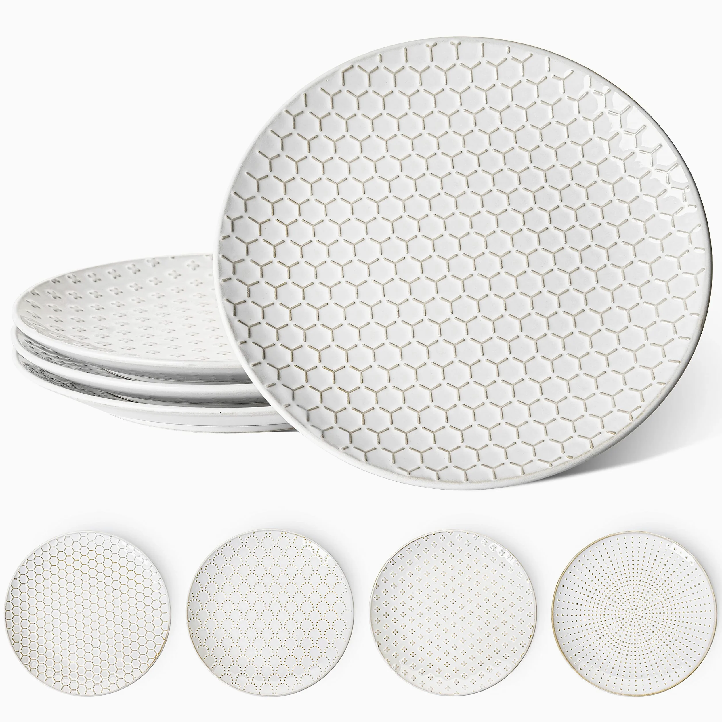 LE TAUCI Lot de 4 grandes assiettes à dîner en céramique de 25,4 cm pour cuisine, micro-ondes et lave-vaisselle, résistantes aux rayures pour steak, pâtes – Blanc gaufré