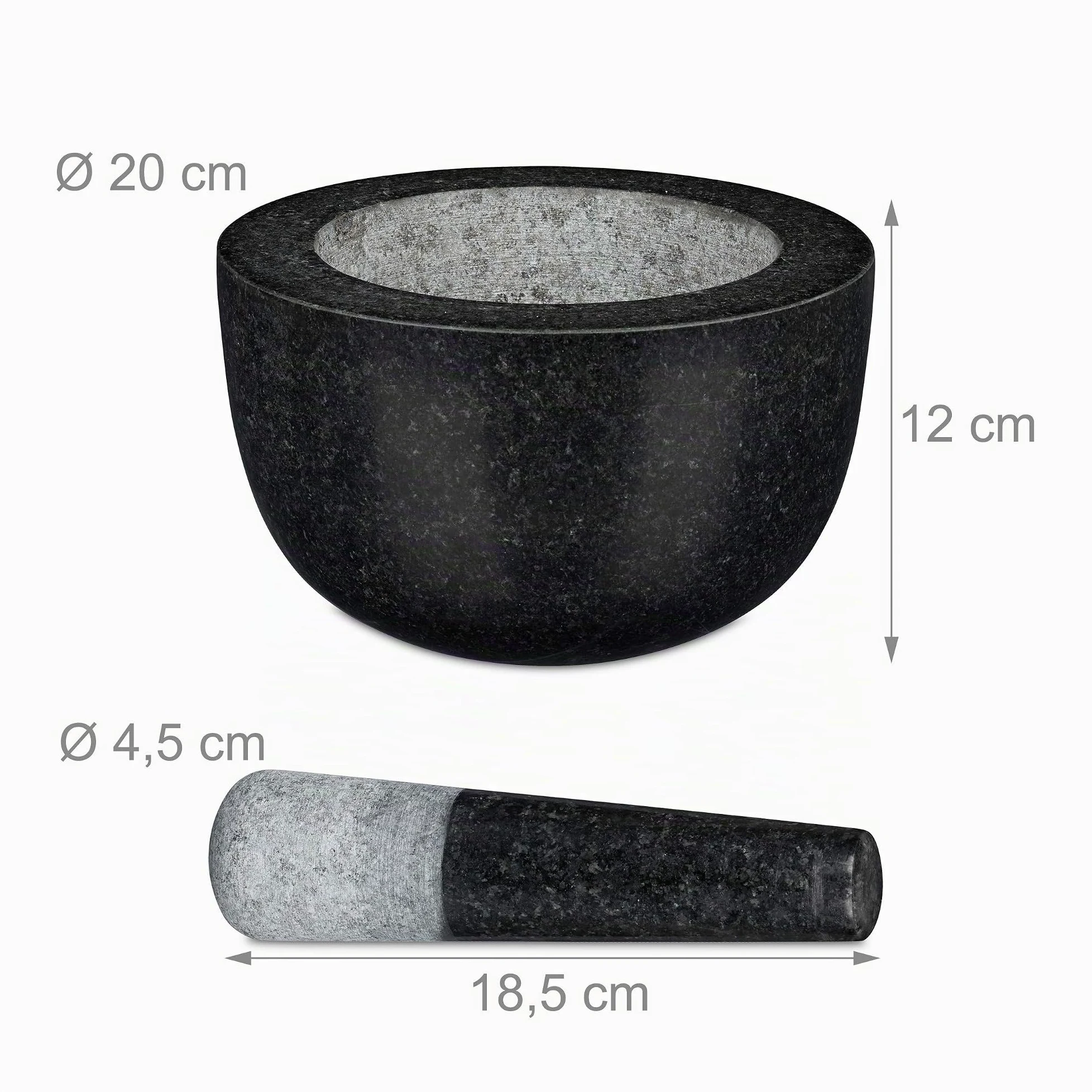 Relaxdays Mortier et pilon, en granit, poli, longue vie, épices et herbes,750 ml de volume, broyeur pierre D 20cm, gris