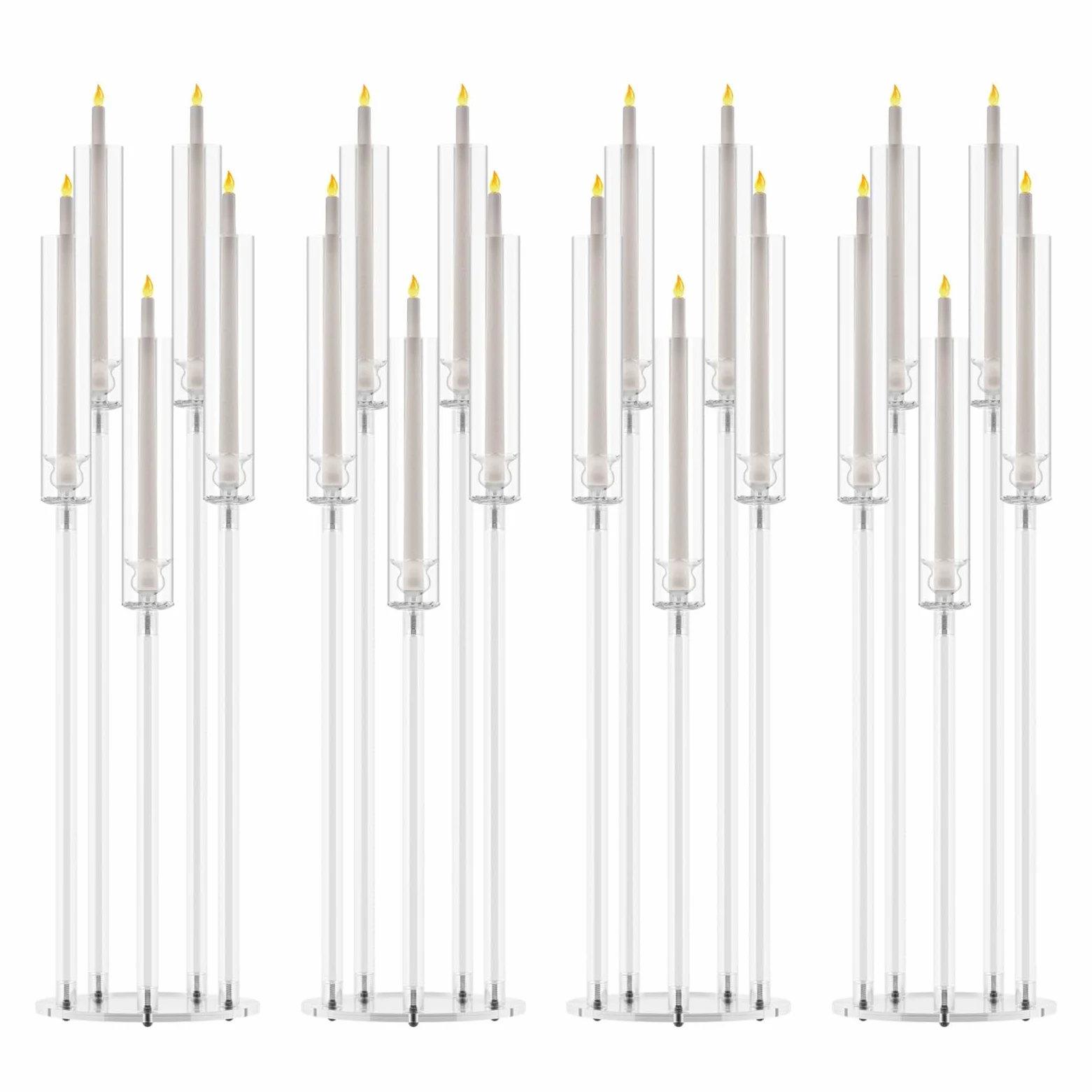 Lot de 4 Centres de Table Candélabres à 5 Bras | Abat-Jour en Acrylique, Pour Bougies LED, Pour Mariages et Dîners, Événements Spéciaux