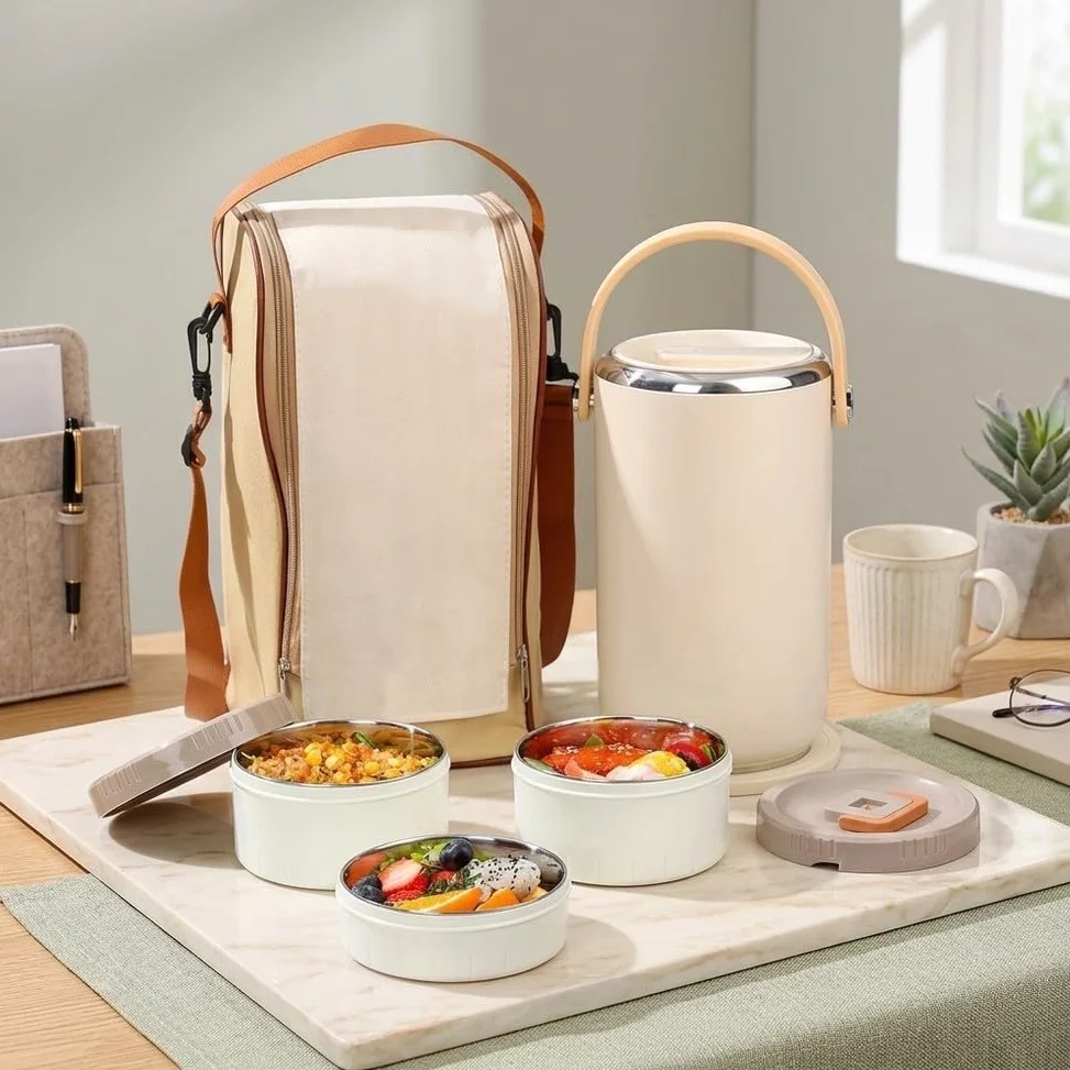 Boîte Repas 3 Niveaux Isotherme Étanche Boîte Repas 3 Niveaux(White) | Isolation pour vide double paroi, 6h froid 8h chaud, 3 niveaux séparés, isotherme offert, pour idéal bureau