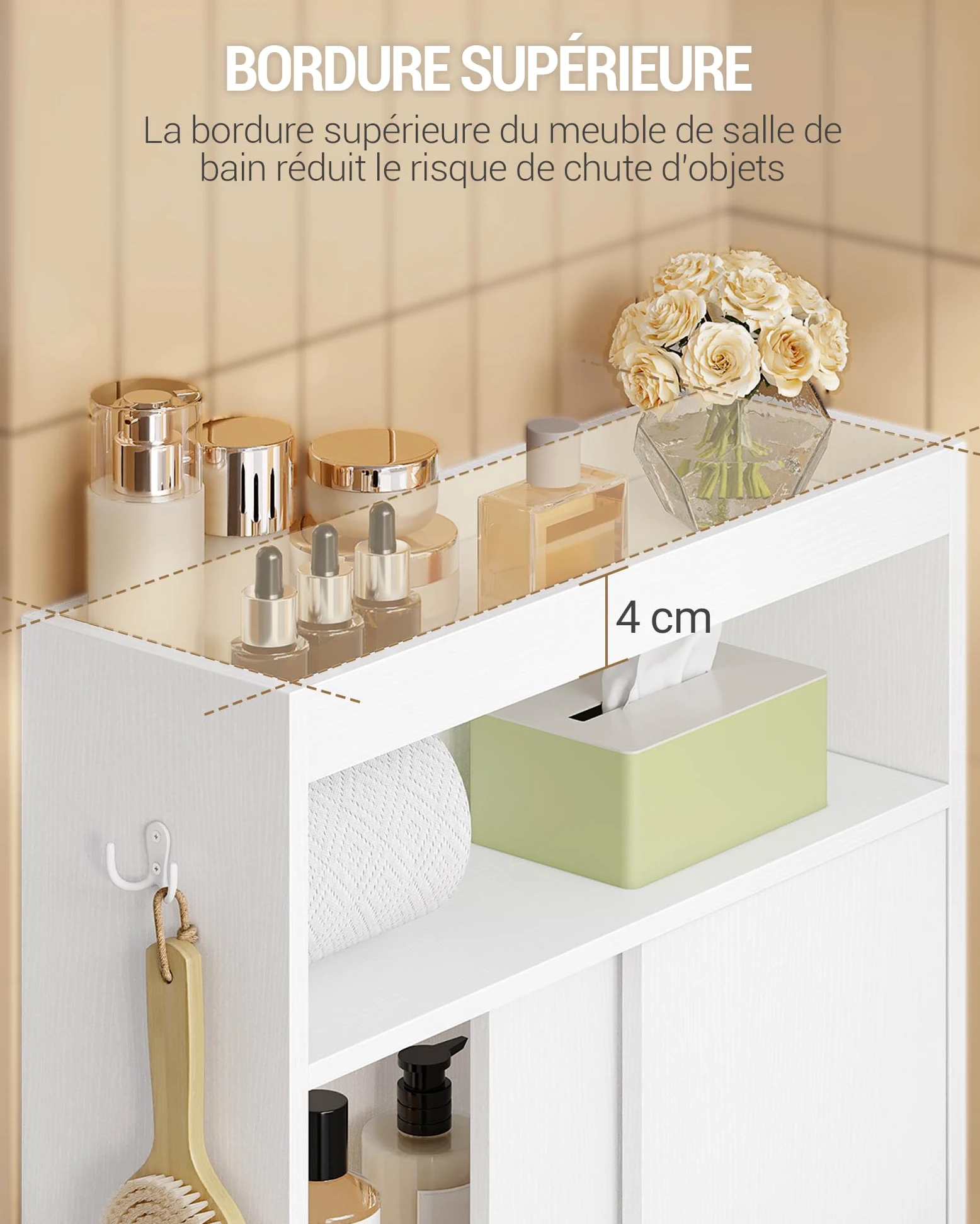 Hzuaneri Meuble de Salle de Bain, Meuble Toilette avec Rangement Papier Toilette et Crochets, Portes Coulissantes, Étagère Réglable, 20 x 60 x 80 cm, Blanc BC62813X