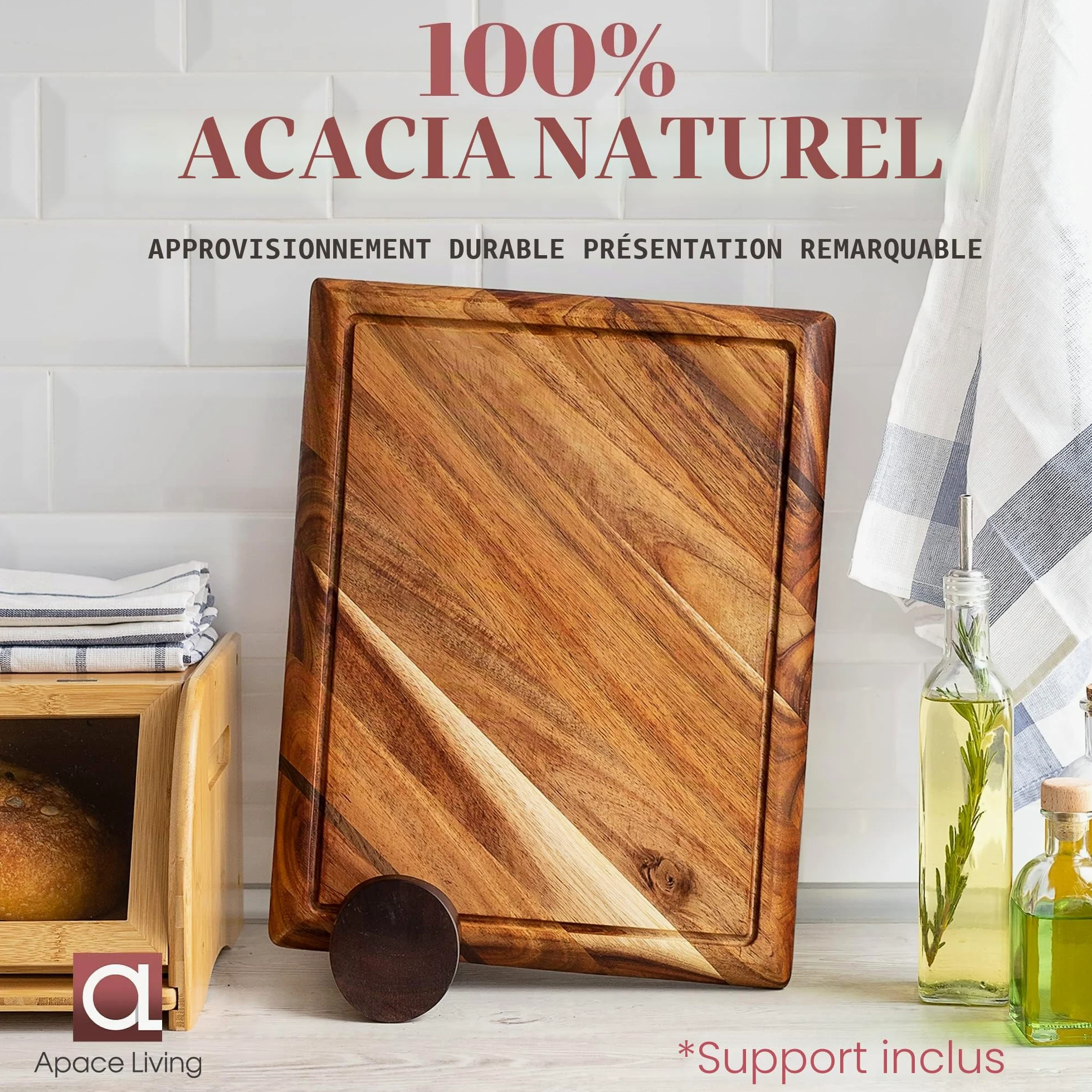 Planche à Découper Bois Contour - Grande Planche a Decouper en Acacia en Bois Durable, avec rainure pour les liquides - Peut être utilisée comme planche de service, 4 compartiments - 43 x 33 x 3,8