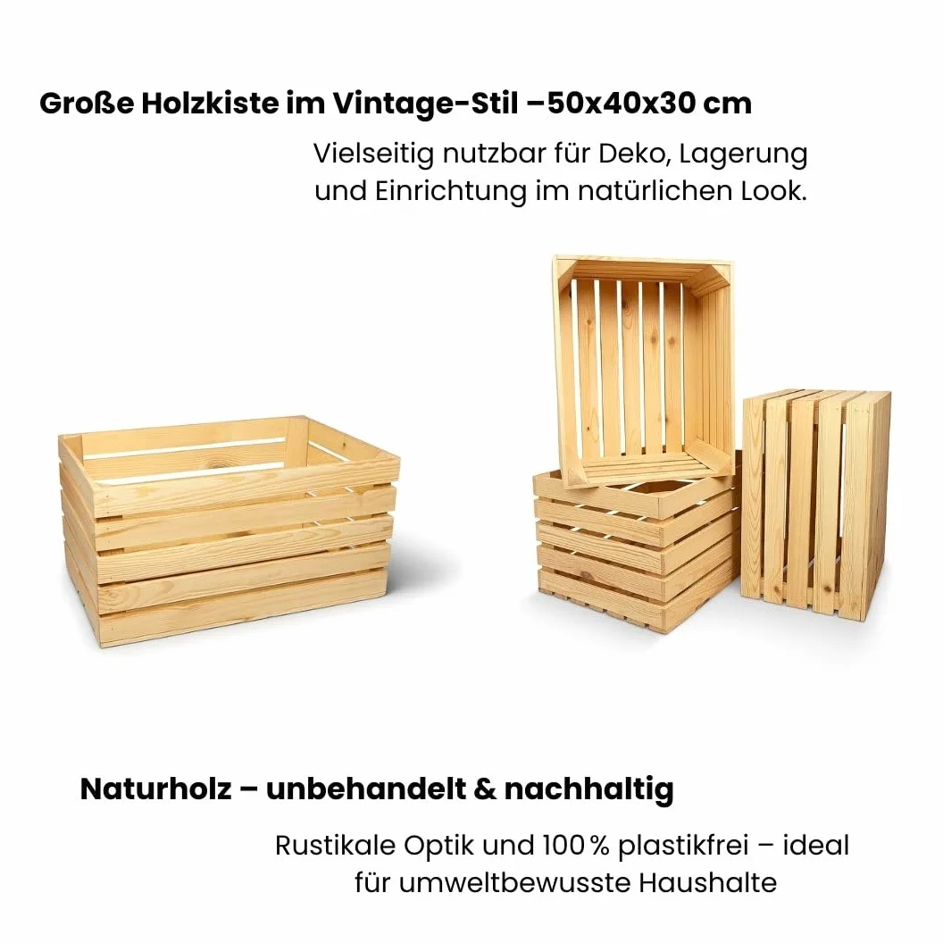Grandes caisses en bois 50x40x30 cm – Lot de 3 boîtes naturelles – Caisse à vin, fruits et légumes – Boîte de rangement en bois vintage pour déco, cuisine, jardin ou étagère