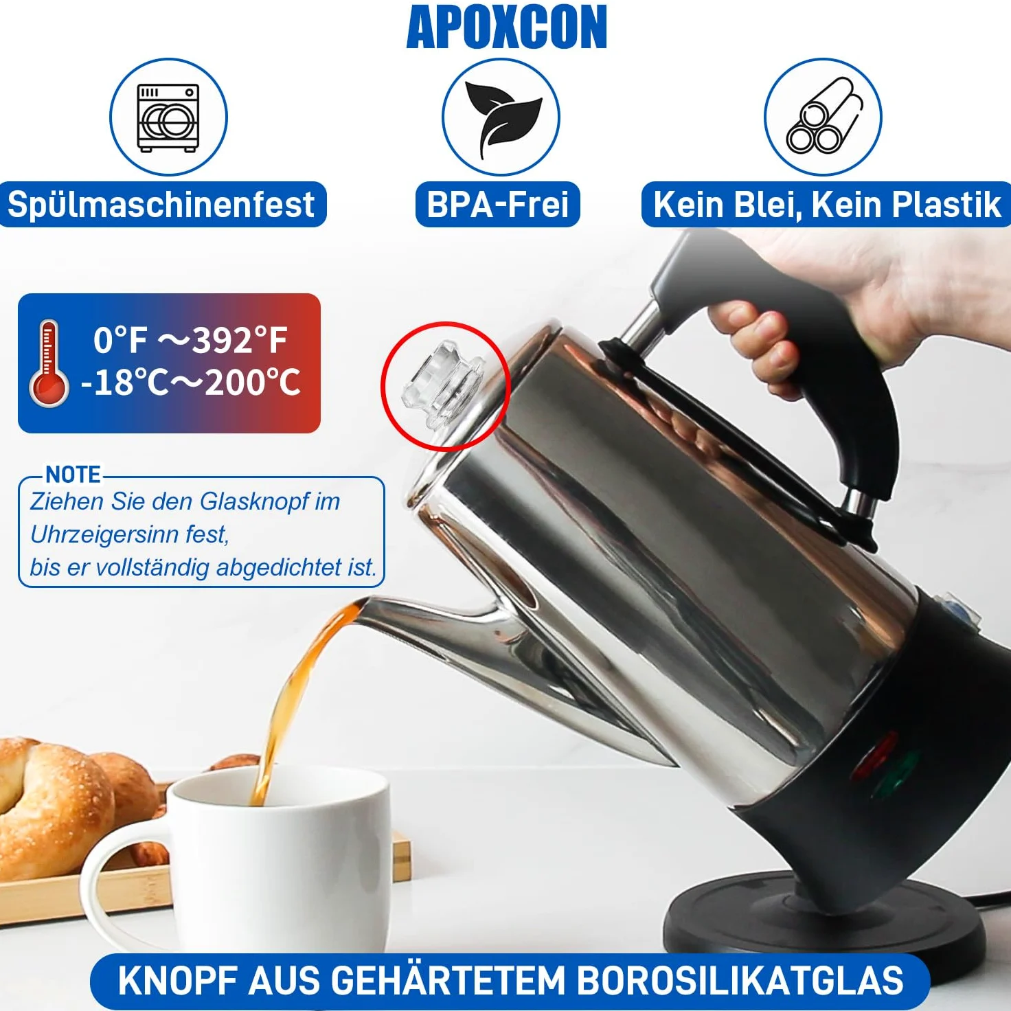 APOXCON Percolateur électrique 12 tasses – Certifié CE, classique avec système d'infusion rapide, bouton en verre résistant à la chaleur et fonction de service sans fil