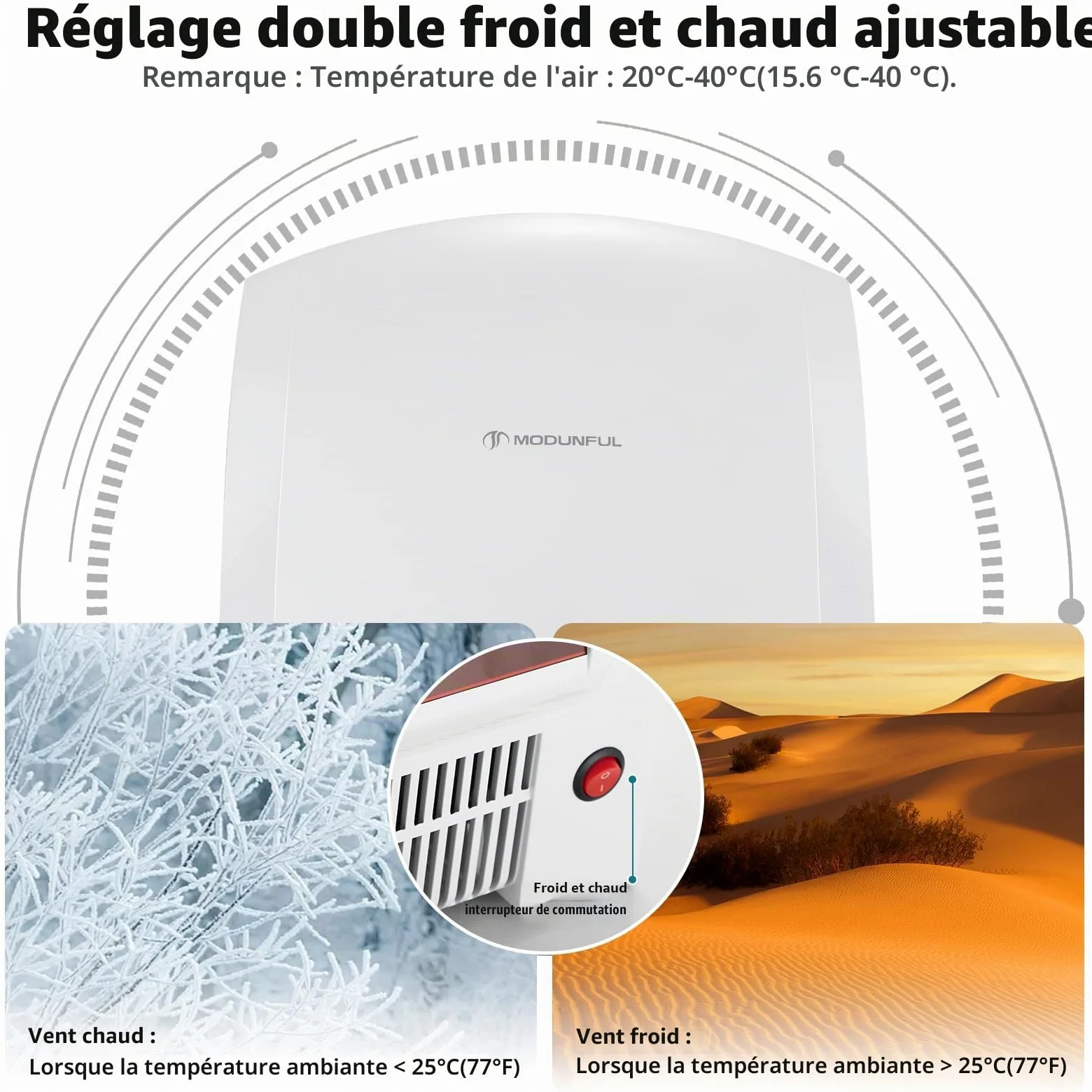modunful Sèche-mains automatique mural Avec lampe témoin, séchage par vent chaud et froid, compact classique Commercial 220V 2000W Blanc