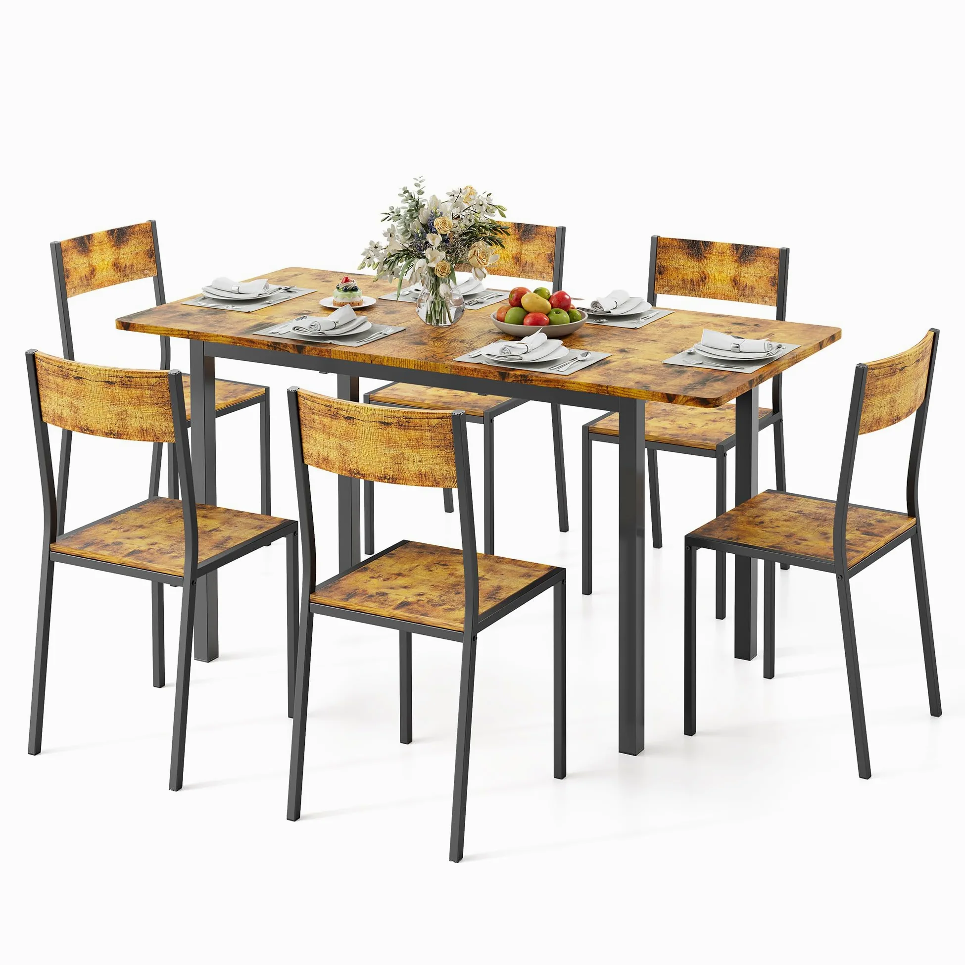 Xbro Ensemble Table à Manger 6 Personnes Extensible avec 6 Chaises, Gain de Place, Structure Métal Stable, Montage Facile, Cuisine Salle à Manger 110–140 cm