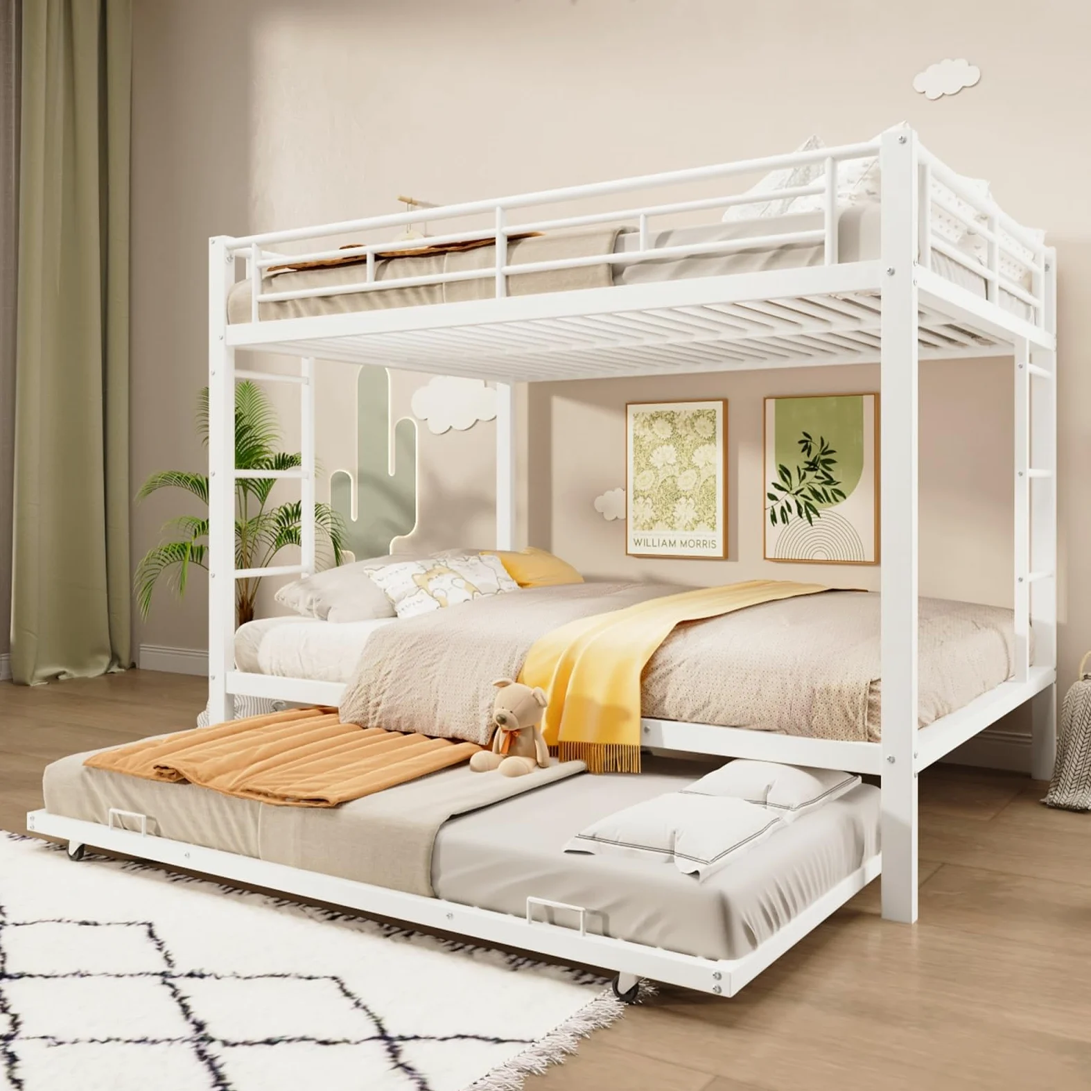 PUGSDRLY Lit Superposé 3 Places avec Lit Gigogne, Structure en Métal Robuste, lit Mezzanine 2 Places avec Haute Barrière de Sécurité, pour Étudiant, Adulte (Blanc+Métal, 140 * 200cm)