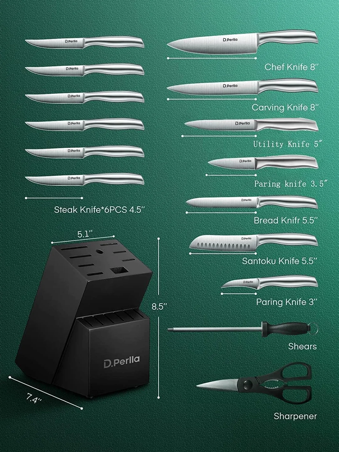 D.Perlla Couteaux de Cuisine, Set Couteau de Cuisine 16 Pièces en Acier Inoxydable, Bloc de Couteaux Professionnel avec Support en Bois