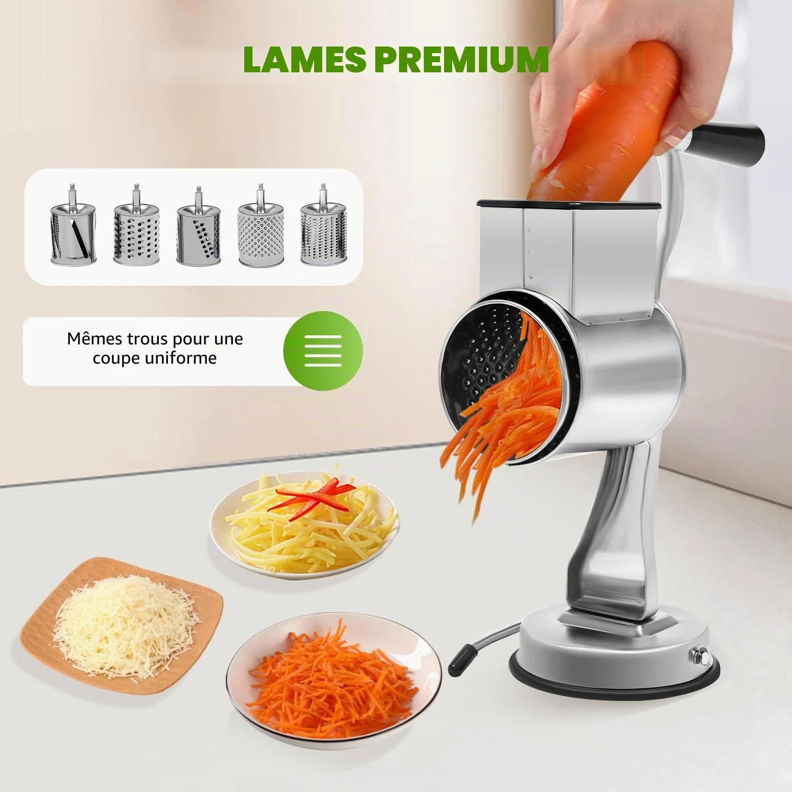 Râpe à tambour en aluminium - En acier inoxydable - Mandoline manuelle - Râpe à pommes de terre - Râpe à fromage avec manivelle et 5 tambours - Pour légumes, oignons, carottes, noix