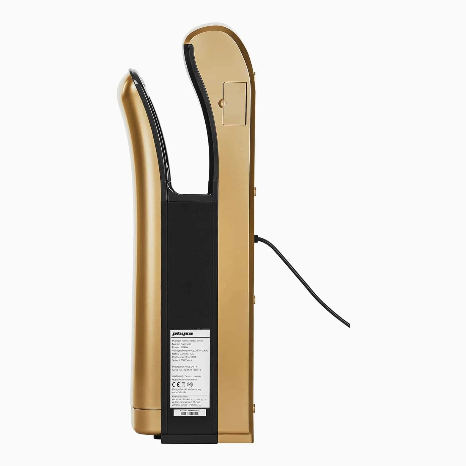 Physa Sèche-Mains Électrique Automatique Bari Gold (Temps de séchage 5 s, 32.000 TR/Min, Débit d'air [m/Sec] 90 m/s, Volume d'air 150 m³/h)