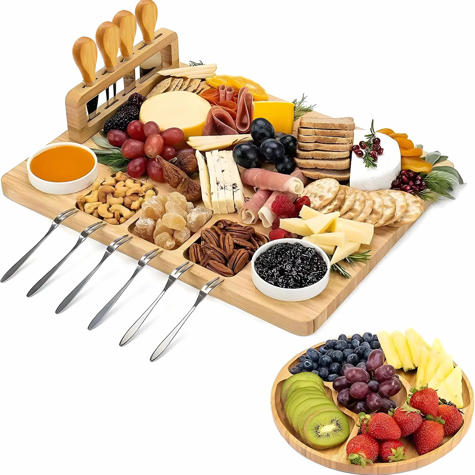 Ensemble De Planches À Fromage en Bambou avec Couteaux Et Fourchettes - Planche À Charcuterie en Bois avec Plateau De Service Supplémentaire | Plateau De Service pour Tapas, Fruits Et Viande