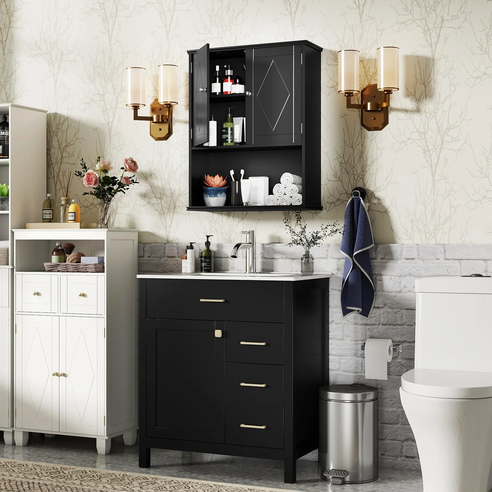 COSTWAY Armoire Murale Salle de Bain, Meuble WC Suspendu avec 2 Portes, Étagère Réglable, Compartiment Ouvert, Style Ferme, Gain de Place, pour Toilette, Buanderie, Cuisine, 21 x 60 x 75 cm (Noir)