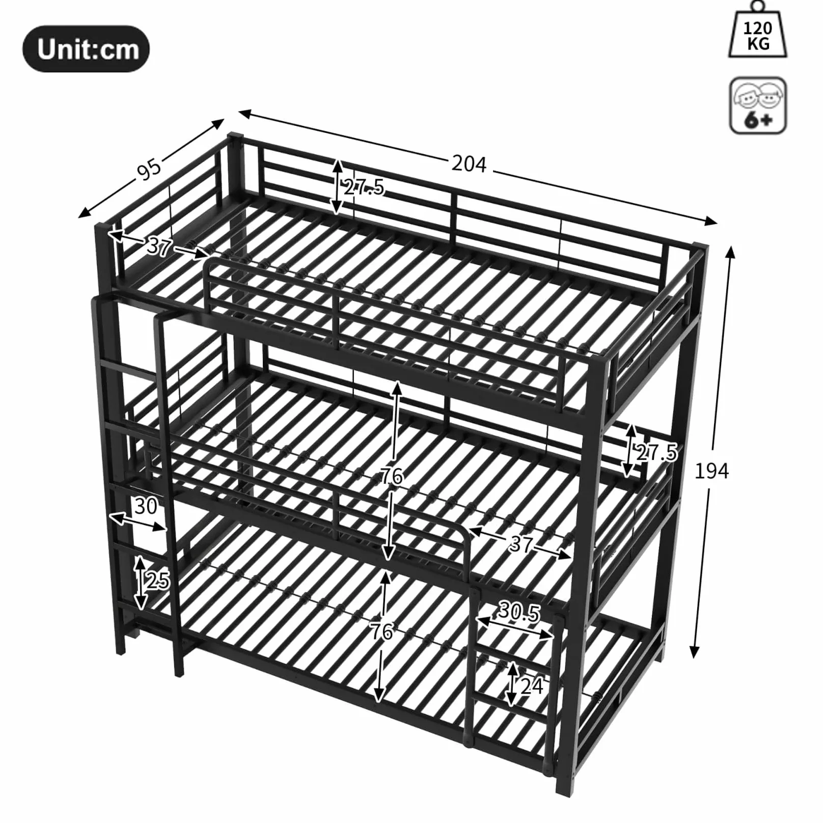 PUGSDRLY Lit Superposé 3 Place 90x200 avec Escalier,Sommier Robuste(B-Noir) | Quatre Barrières Haute,Escalier Robustes,pour Garçons Filles