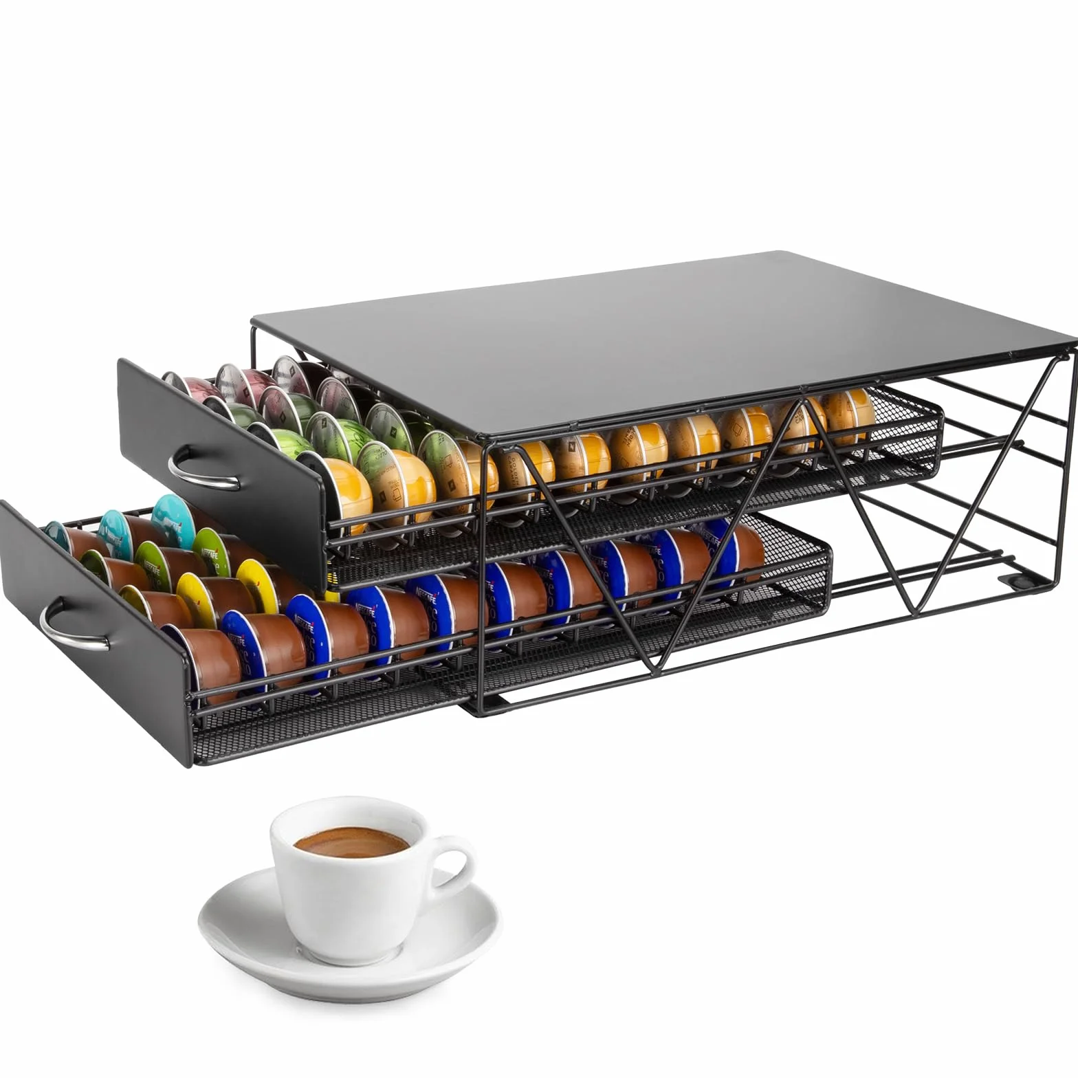 Porte Capsule pour 80 Vertuo Capsules, Support de Machine à Café avec 2 Tiroirs de Rangement Dosettes, Boite Range Dosettes Vertuo,Distributeur/Organisateur Capsules en Métal.