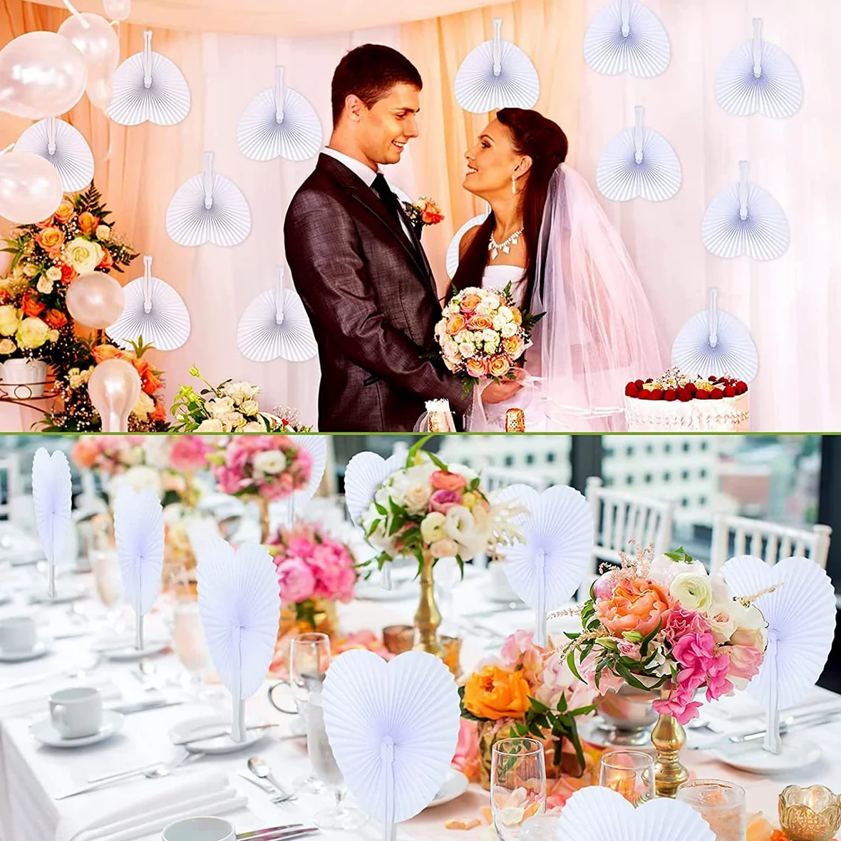 Gudotra - Lot de 60 éventails de mariage, en papier, blancs, en forme de cœur pour wedding bag et décoration de mariage