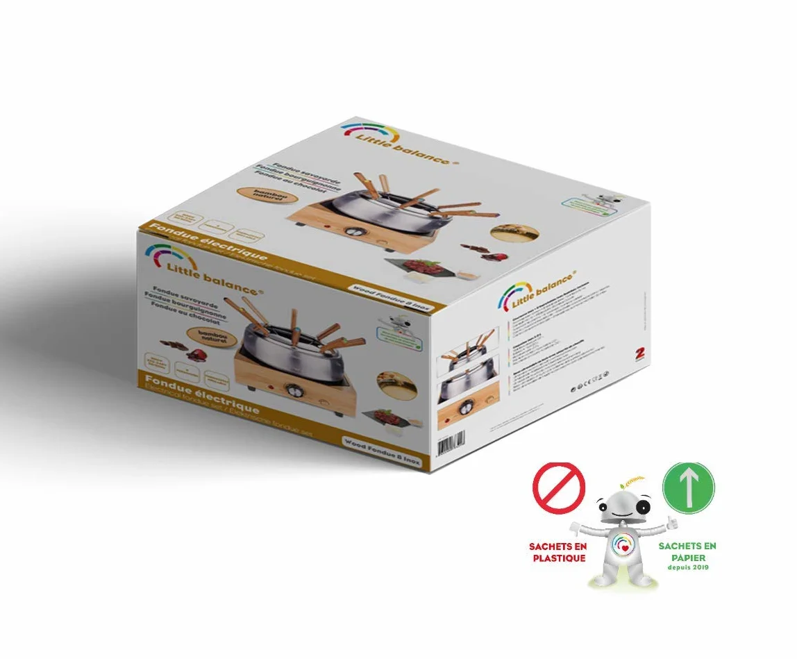 LITTLE BALANCE 8320 Wood Fondue 8 Inox - Appareil à fondue 8 personnes - Caquelon Inox anti-adhésif grande contenance 2 litres - Puissance 800 W - Finition Bambou véritable