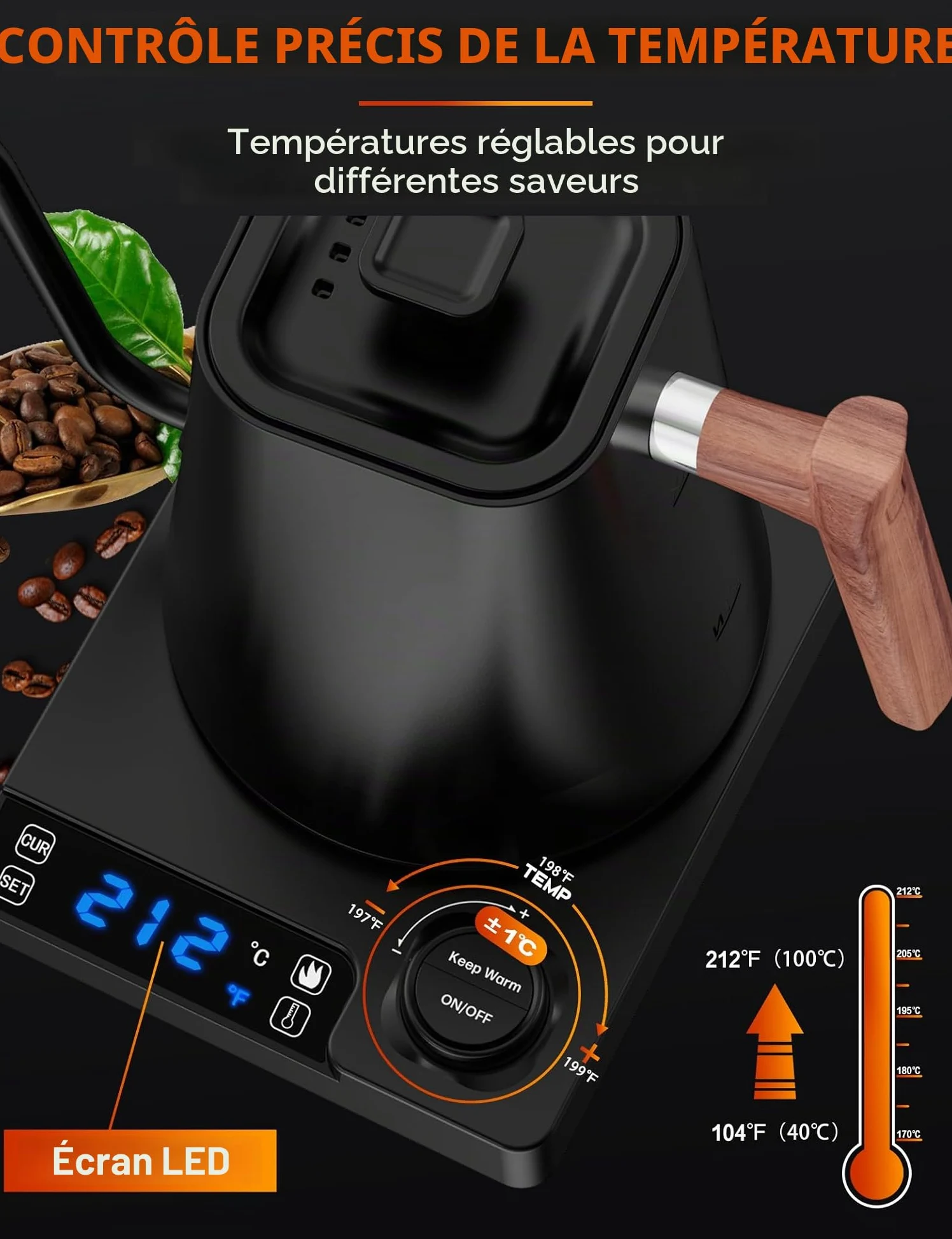 Bouilloire électrique 1L en acier inoxydable avec réglage de la température, col de cygne Bouilloire, fonction de chaleur 24 heures, bouilloire électrique avec affichage de la température, 1200W