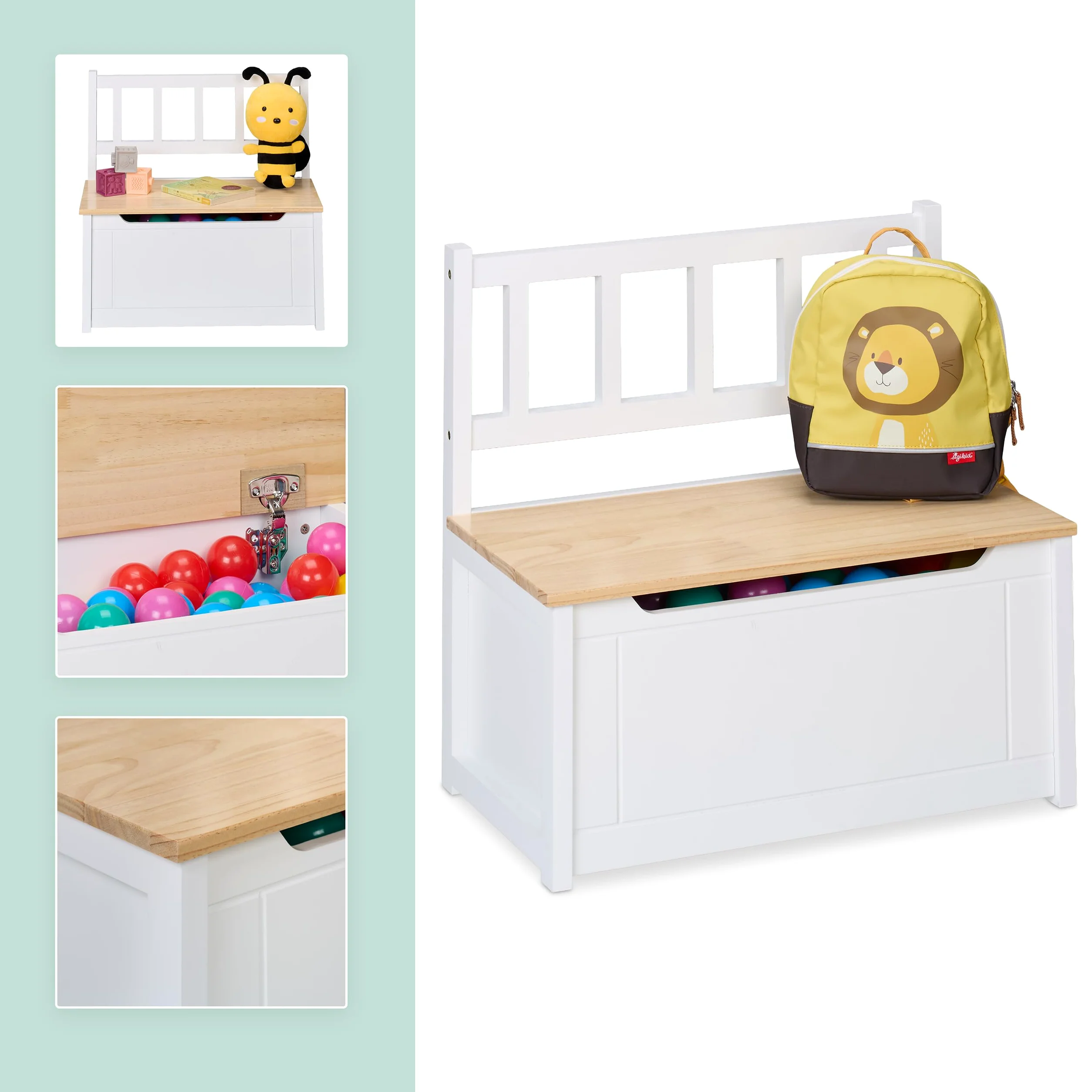 Relaxdays Banc de Rangement pour Votre Enfant, Couvercle Pratique, H x L x P : 55 x 57 x 31 cm, Blanc et Nature