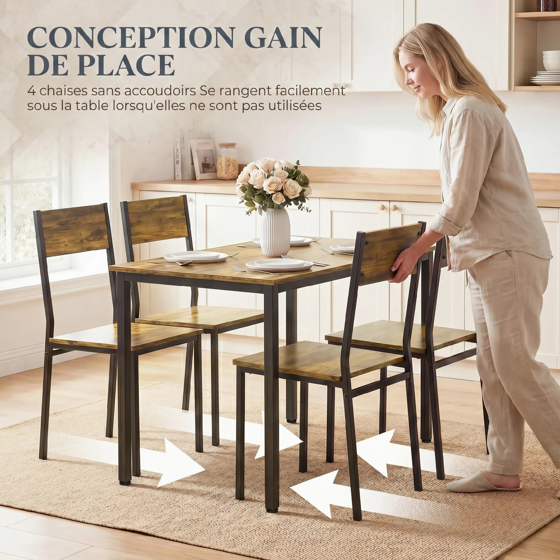 HOMCOM Ensemble Table Salle à Manger avec 4 chaises, Table de Cuisine pour 4 Personnes, Plateau rectangulaire 108 cm, Style Industriel, Pieds en métal, idéal Petit Espace, Brun Rustique