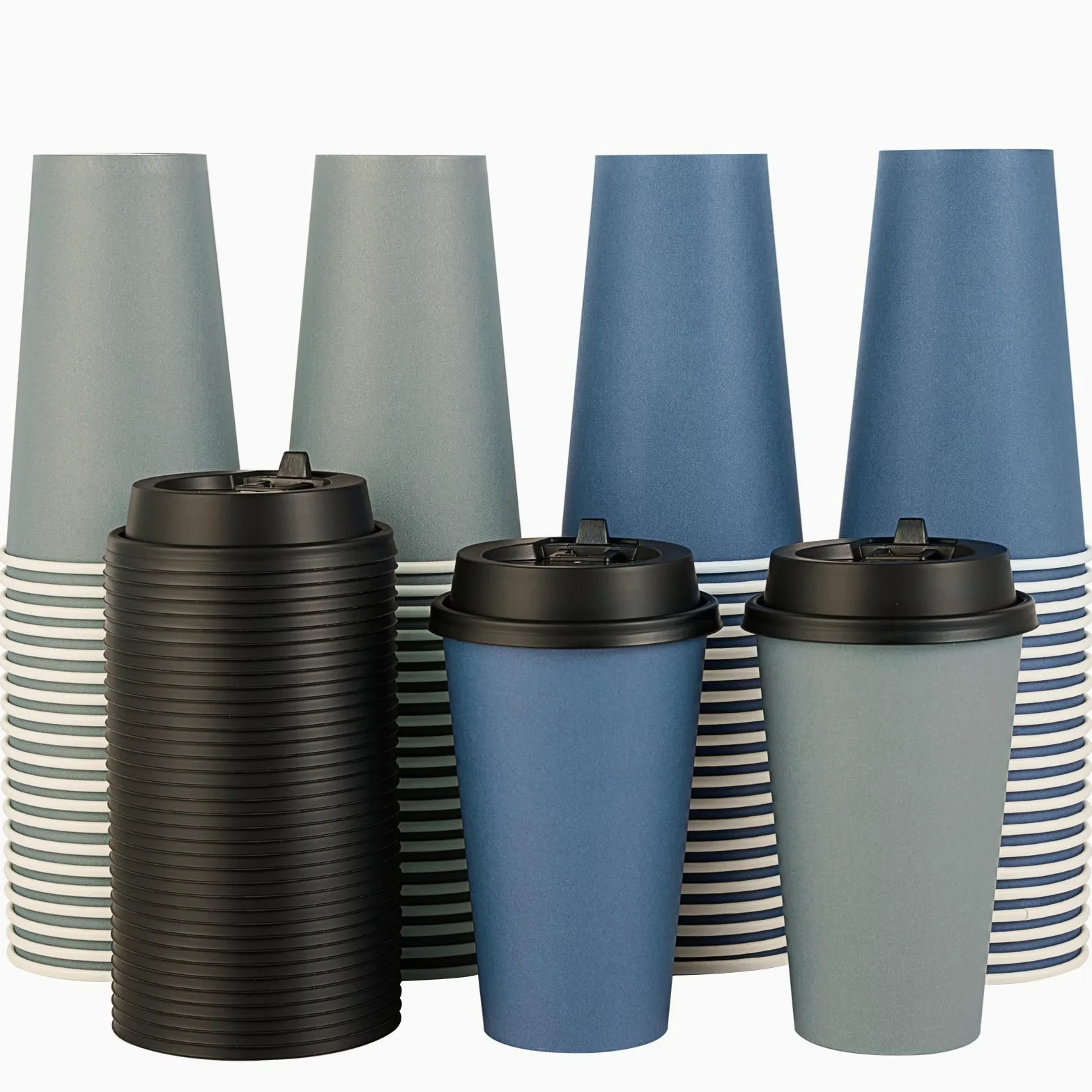 Lot de 100 gobelets à café jetables en carton avec couvercles pour café froid/chaud, eau, jus ou thé - 473 ml - Pour la maison, le restaurant, le magasin et le café - Bleu et gris
