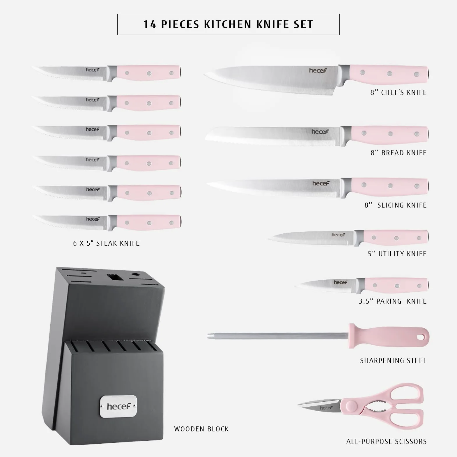 hecef Couteau Cuisine, Porte Couteaux de Cuisine 14 Pièces, Ensemble Couteaux de Cuisine en Acier Inoxydable avec Bloc en Bois, Couteaux de chef Professionnels - Plus de Choix de Couleur (Rose)