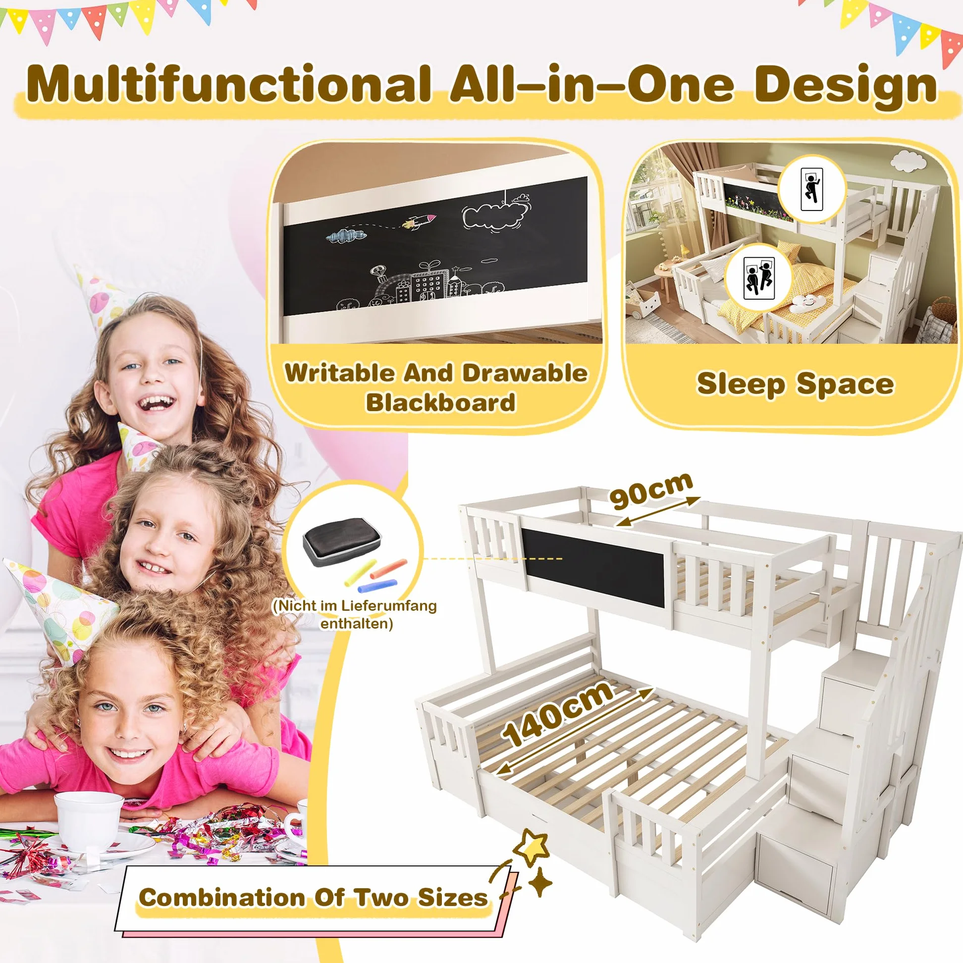 Sapgaks Lit superposé Enfants en Bois Massif 90/140x200 avec Tableau Noir, échelle de Rangement, 2 tiroirs,lit Enfant,Cadre de lit 2 Personne avec Garde-Corps et sommier à Lattes (A-Blanc)