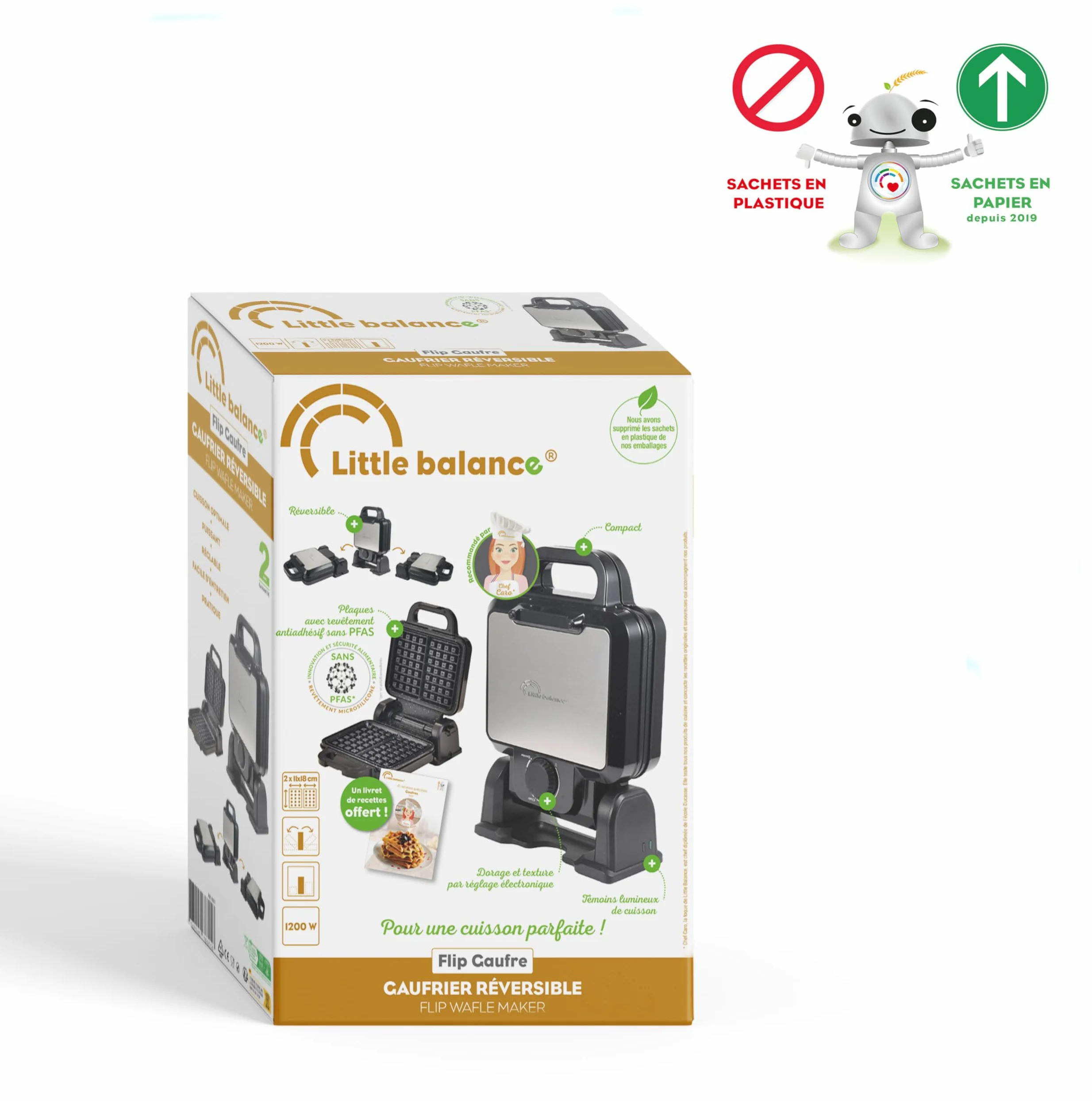 LITTLE BALANCE 8805 Flip Gaufres, Gaufrier électrique, Gaufrier Rotatif, Socle rotatif, Véritables gaufres belges, Sans PFAS, Antiadhésif, Voyant lumineux, 1200 W, Noir