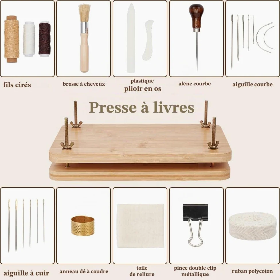 OLYCRAFT Kits de Reliure de Livres Fournitures de Reliure Ensemble D'Outils de Démarrage de Reliure de Livres avec Outil de Presse de Livre en Bois Tissu en Coton Règle en Tissu Dé à Coudre