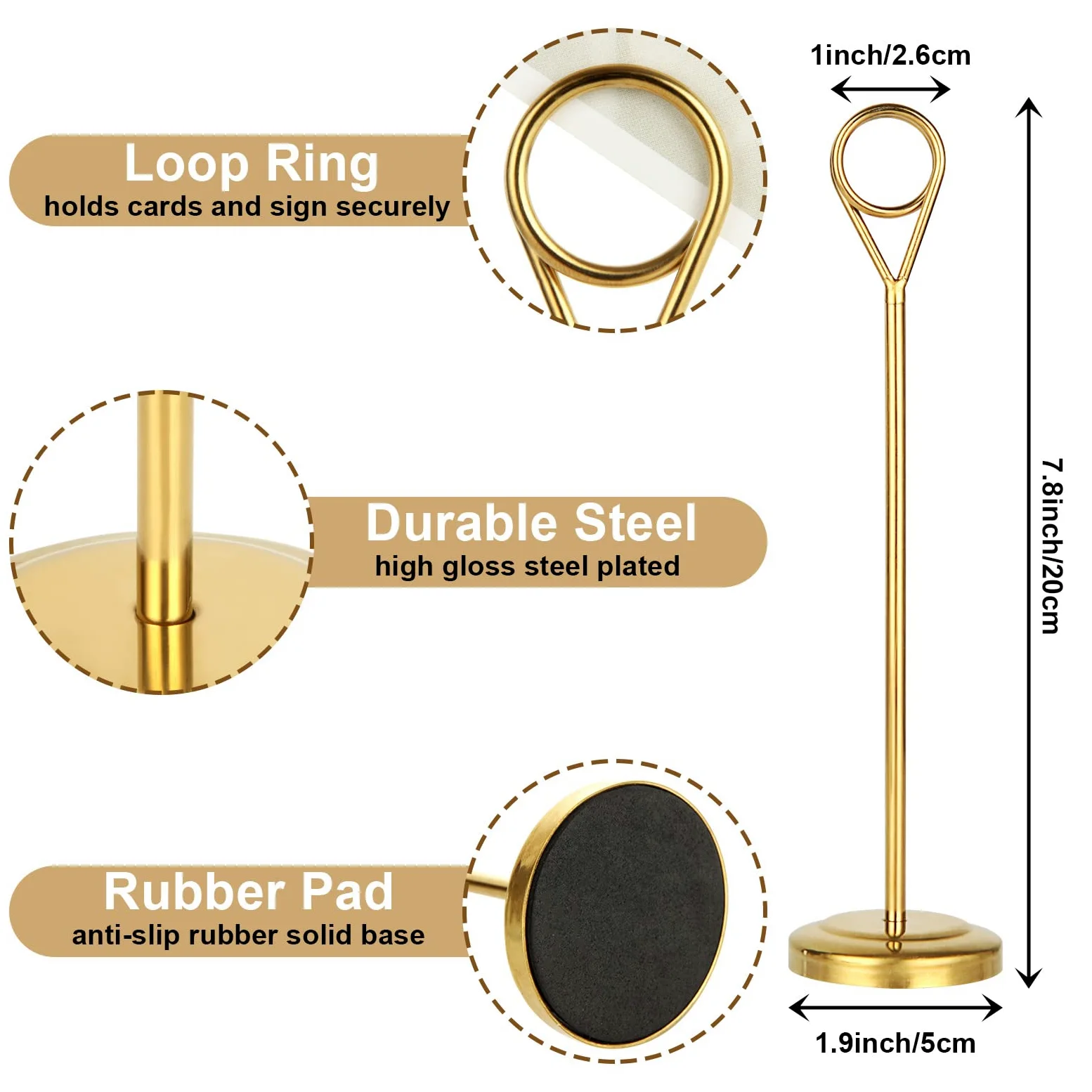 Lot de 6 supports de numéro de table dorés en acier inoxydable de 20,3 cm pour mariage, fête, restaurant, réception, menu et affichage de photos
