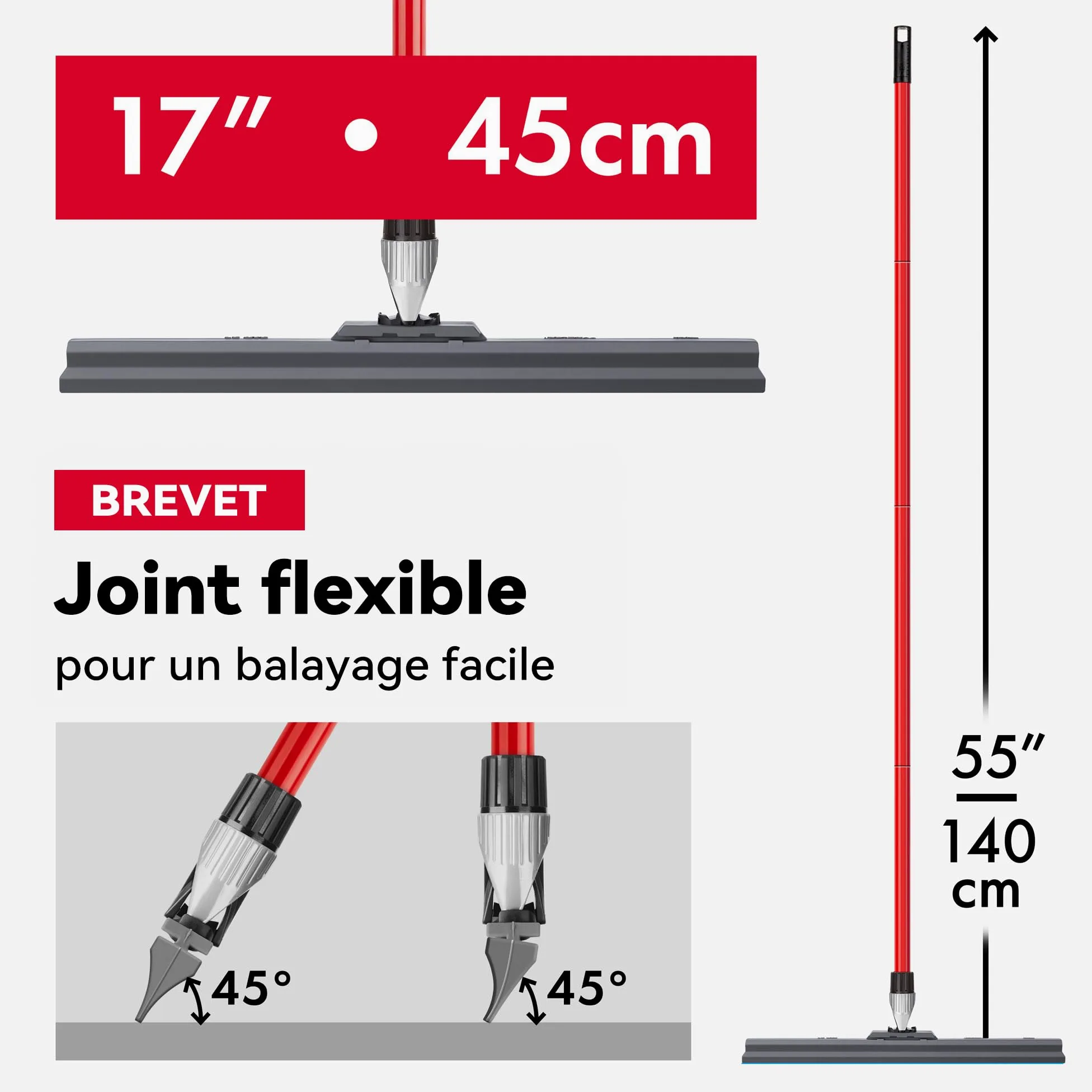 Tyroler Balai Raclette Sol Extérieur Terrasse | Tête de 45 cm 100% Silicone | 4 Parties de 140 cm de Long | Idéal pour Toutes Les Surfaces | Raclette Douche Sol | Raclettes Professionnelle