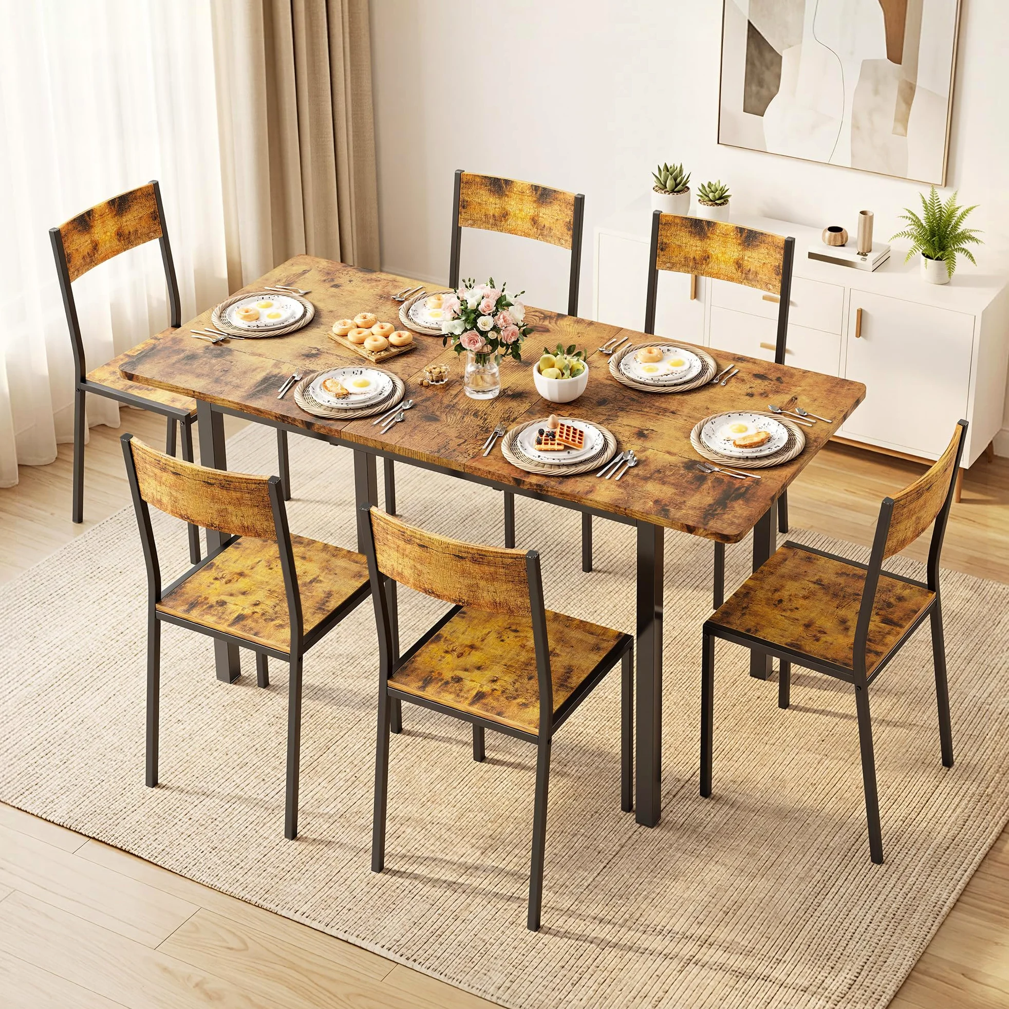 Xbro Ensemble Table à Manger 6 Personnes Extensible avec 6 Chaises, Gain de Place, Structure Métal Stable, Montage Facile, Cuisine Salle à Manger 110–140 cm