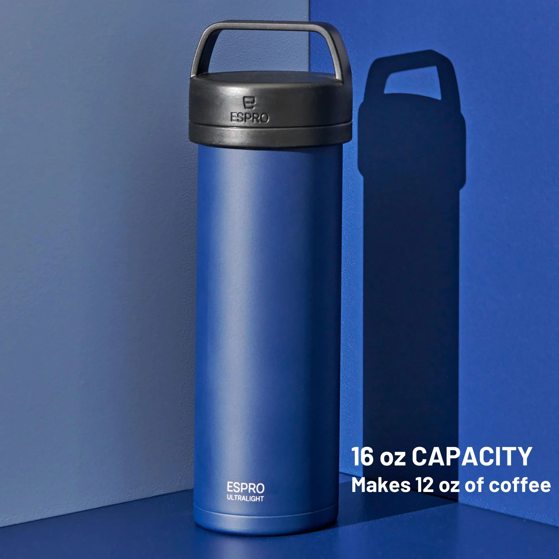 ESPRO P0 Cafetière à piston ultra légère pour voyage, isolation sous vide, en acier inoxydable, 473 ml, bleu égéen