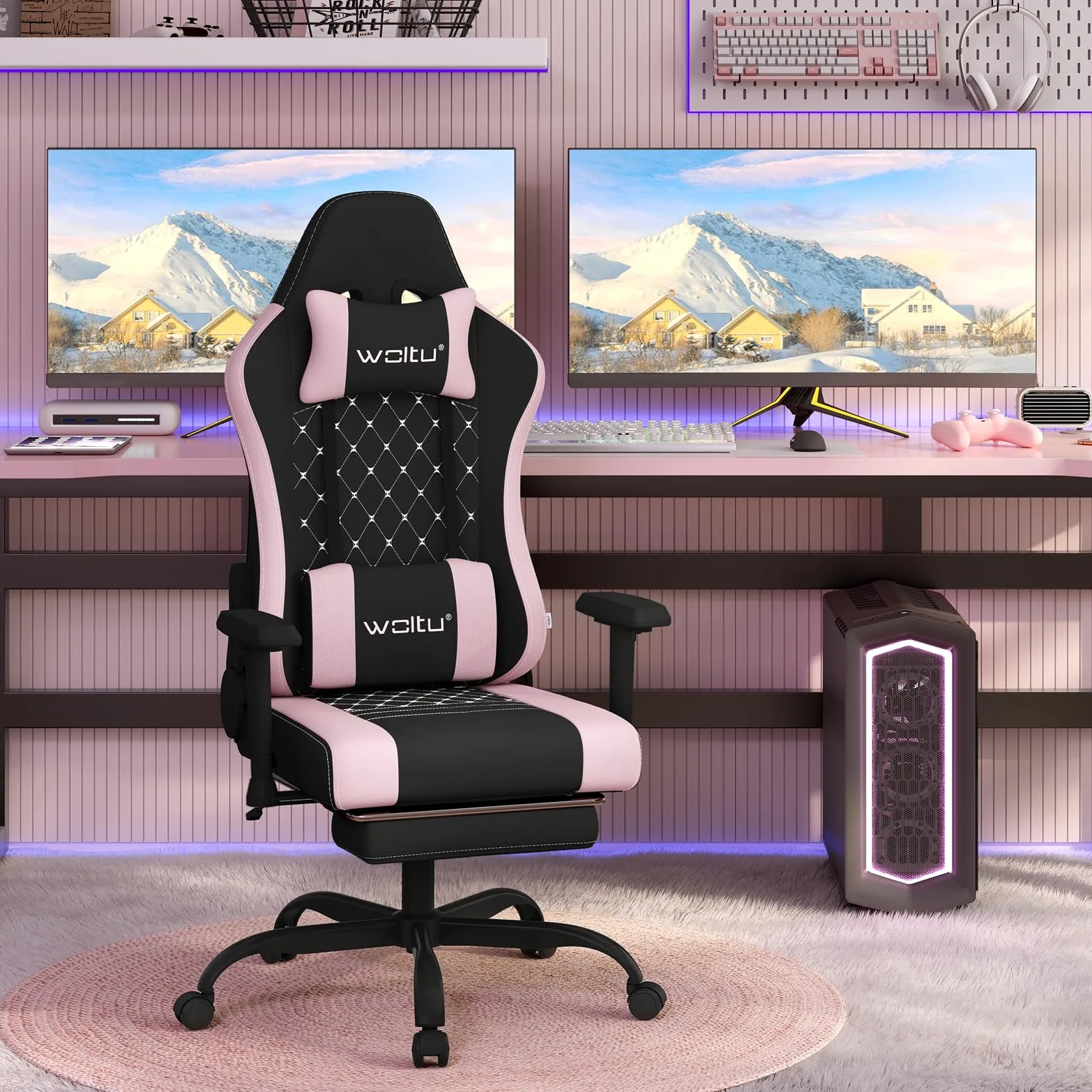 WOLTU Chaise Gaming, Chaise Bureau Massante, Fauteuil Ergonomique avec Coussin Lombaire Massant, Siège Large à Ressorts, Appui-tête, Repose-Pieds, Tissu Maille, Charge 150kg, Noir+Rose