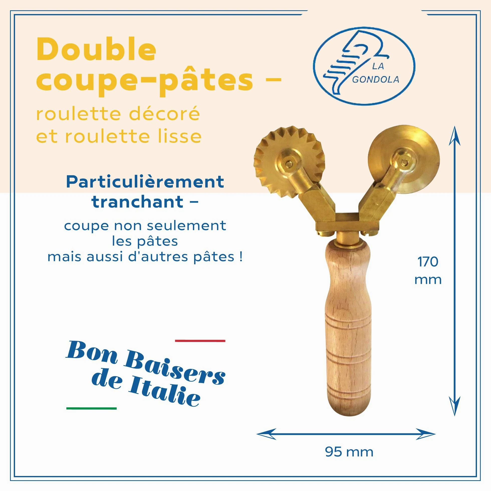 La Gondola Roulette Coupe-Pâtes - Double Roue (Décorée & Lisse) | Outil de Préparation des Pâtes | Laiton & Bois Naturel Roulette Découpe | Sûr et Facile | Roulette à Ravioli Fabriqué en Italie