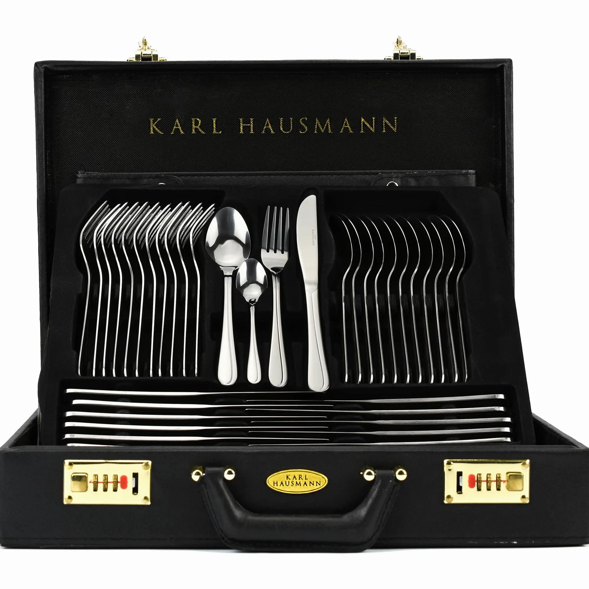 KARL HAUSMANN Service de Table 12 Personnes, 72 Pièces en Acier Inoxydable - Coffret Set de Couverts avec Valise et Organiseur, Ménagère avec Couteaux Fourchettes Cuillères + Service, Poli Brillant