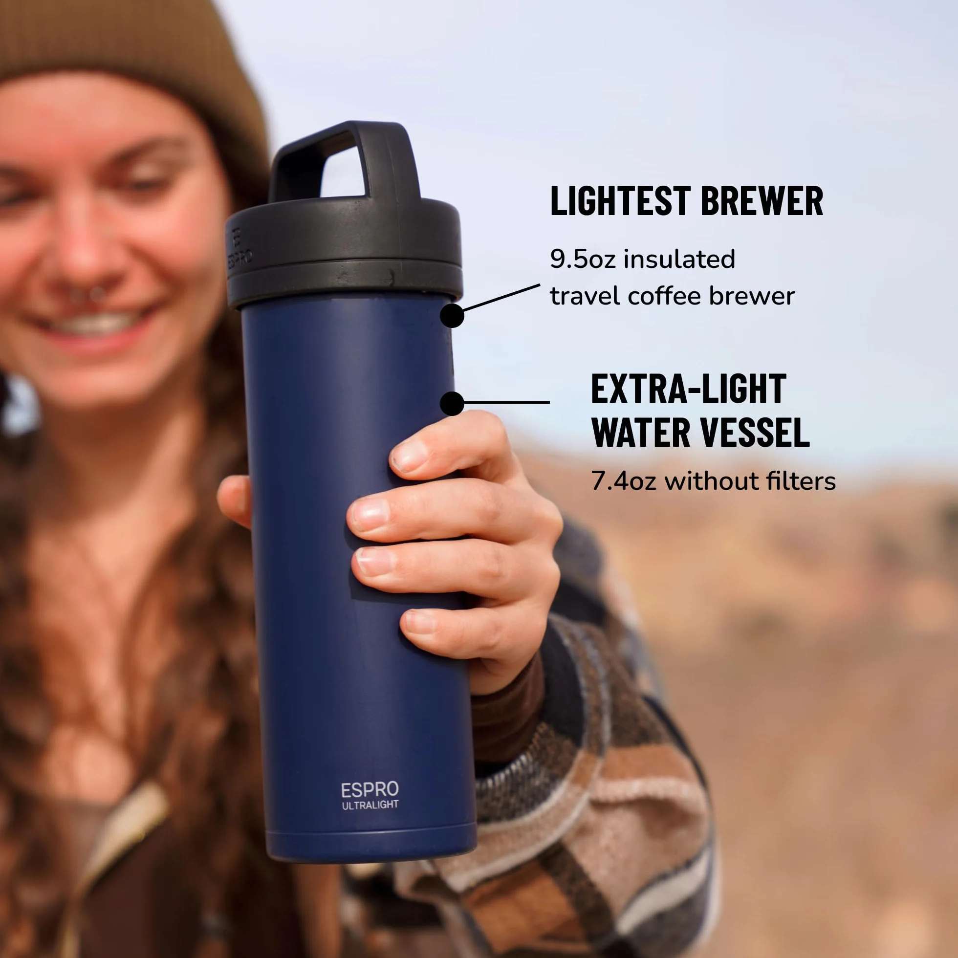 ESPRO P0 Cafetière à piston ultra légère pour voyage, isolation sous vide, en acier inoxydable, 473 ml, bleu égéen