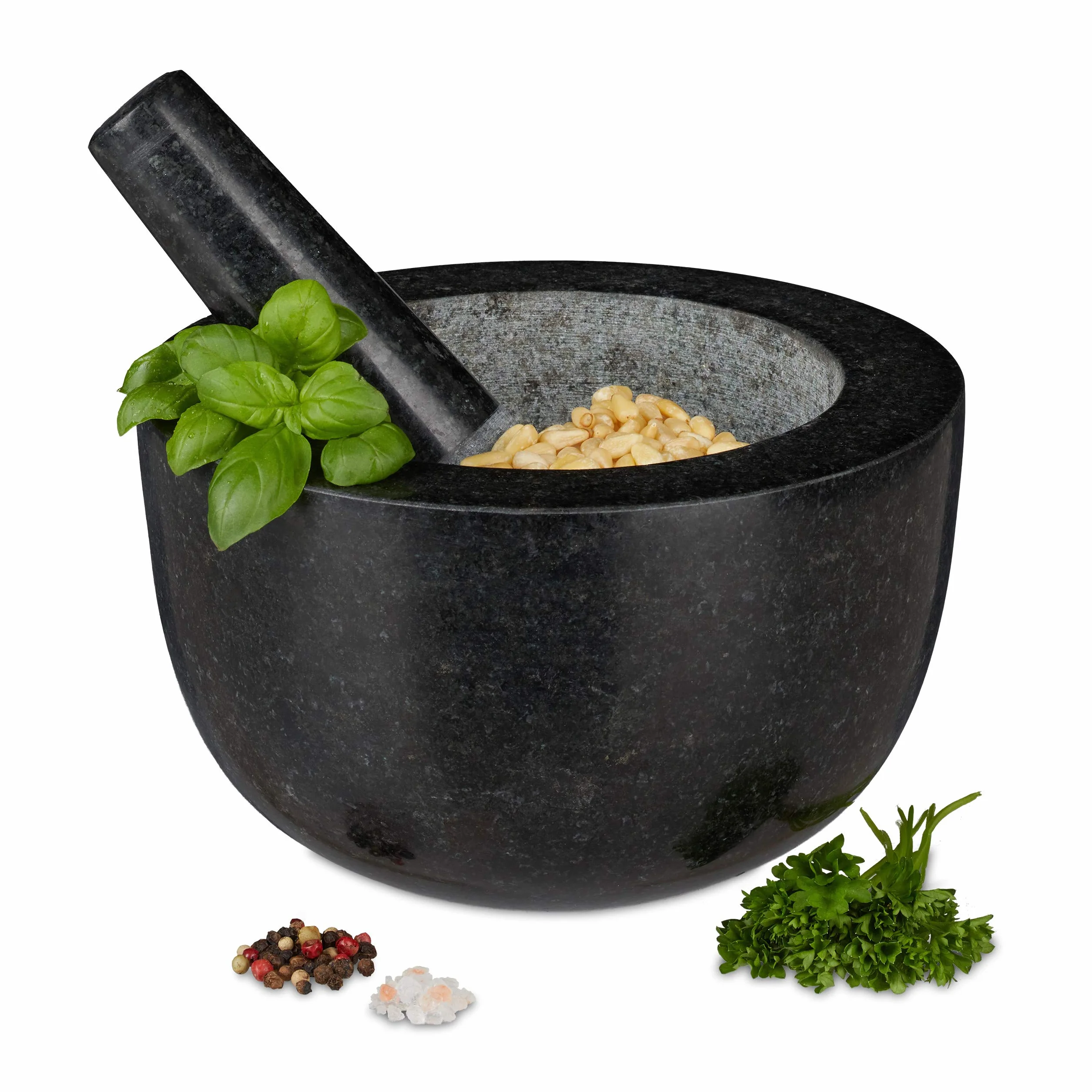 Relaxdays Mortier et pilon, en granit, poli, longue vie, épices et herbes,750 ml de volume, broyeur pierre D 20cm, gris