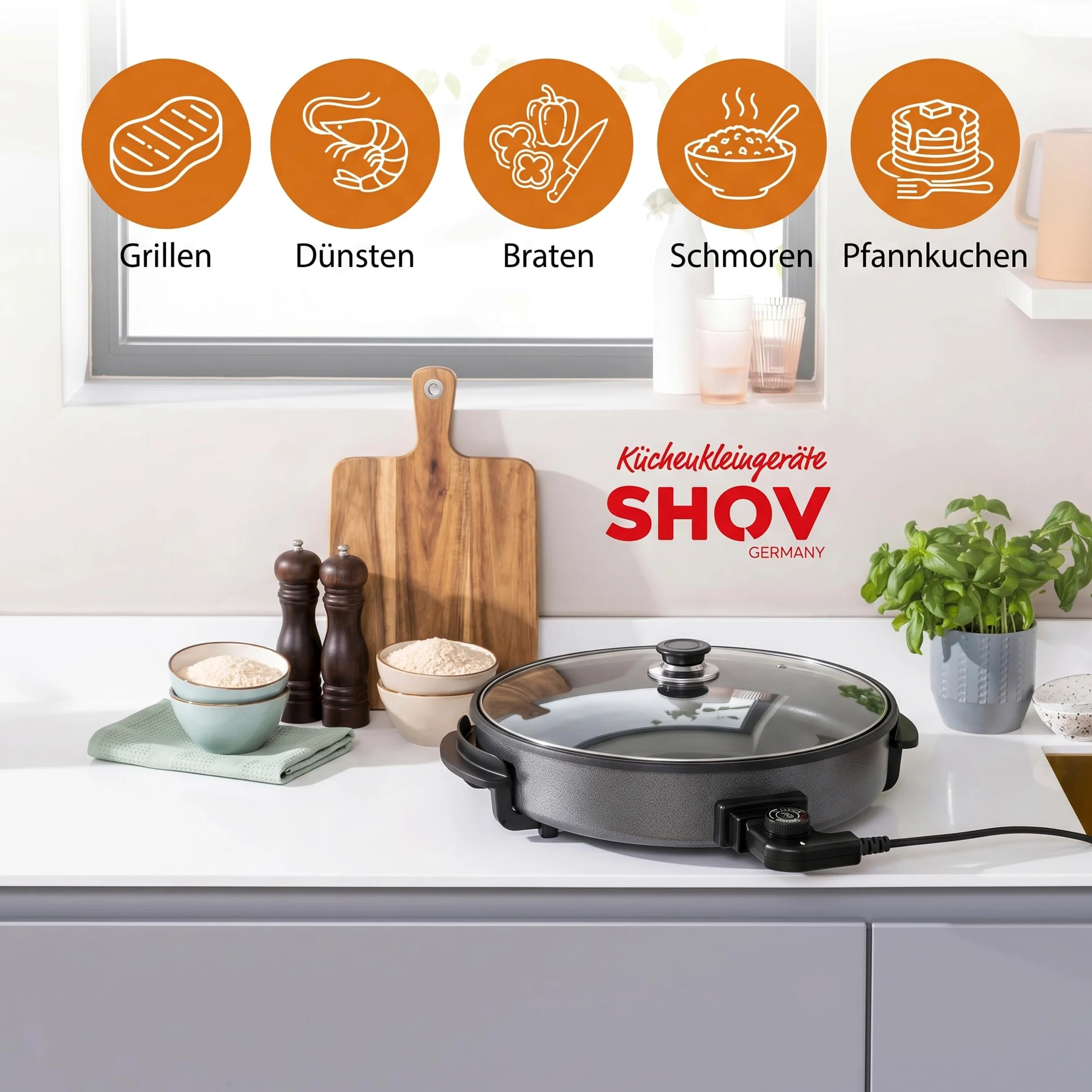 Shov Poêle à pizza électrique et cocotte multifonction, taille XL, 48 cm de diamètre, 7 cm de profondeur, avec revêtement antiadhésif et couvercle en verre, 1500 W, thermostat réglable pour pizza
