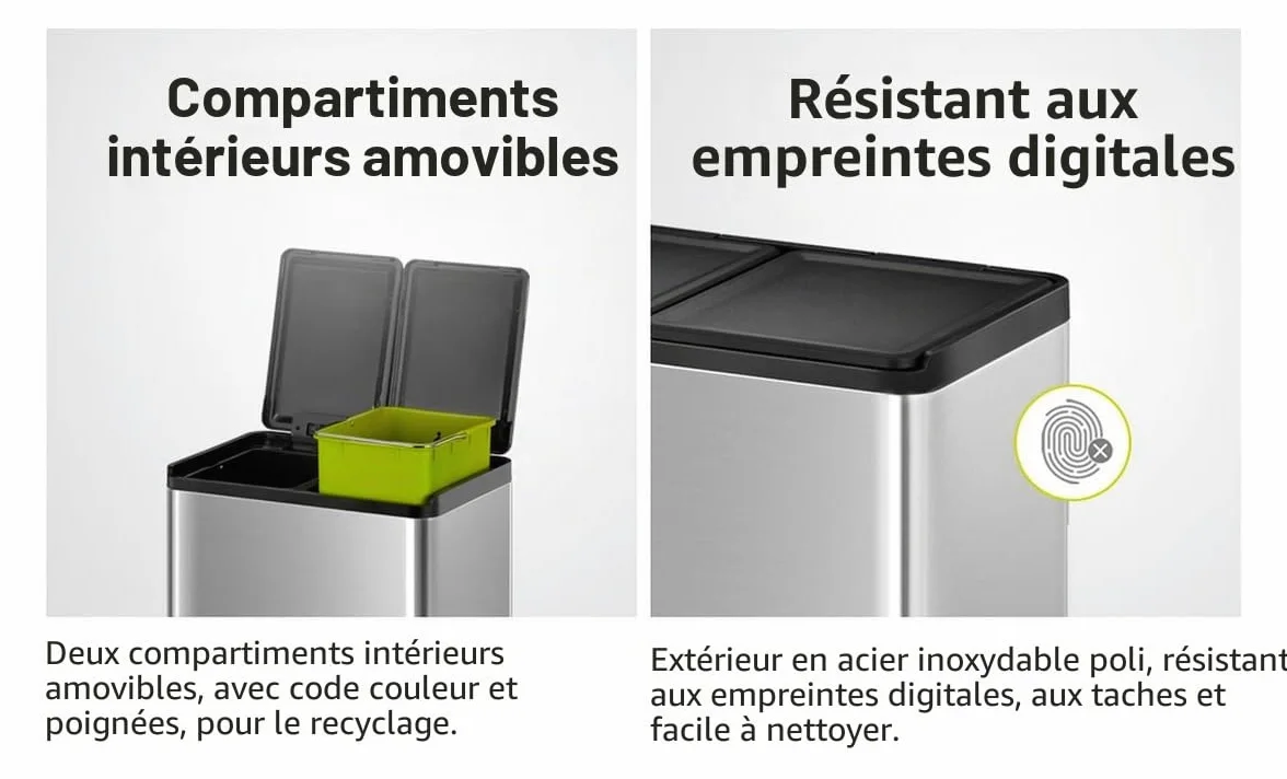 EKO Poubelle Cuisine Double Tri 2 Compartiments 20L + 20L | Acier Inoxydable Anti-Traces avec Pédale | Fermeture Silencieuse | sous Évier Compact Double