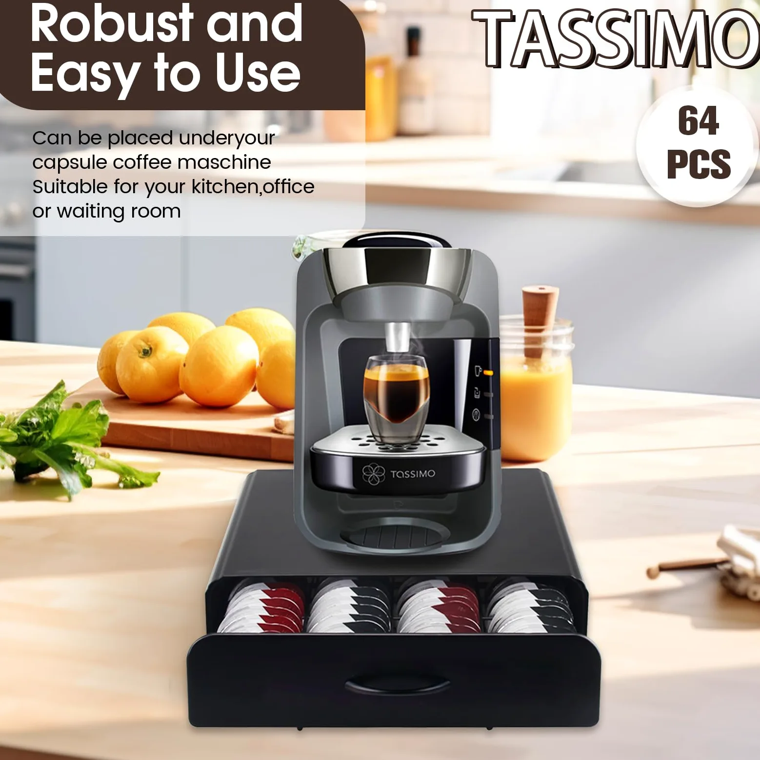 UCAMP Porte Capsules,Tiroirs de Rangement,Tiroir Capsule de Café,Tiroir Métal,64 Capsules Porte-Capsules pour Tassimo,Distributeur Capsules pour La Maison,Bureau,Envoyer 1 Chiffon de Nettoyage