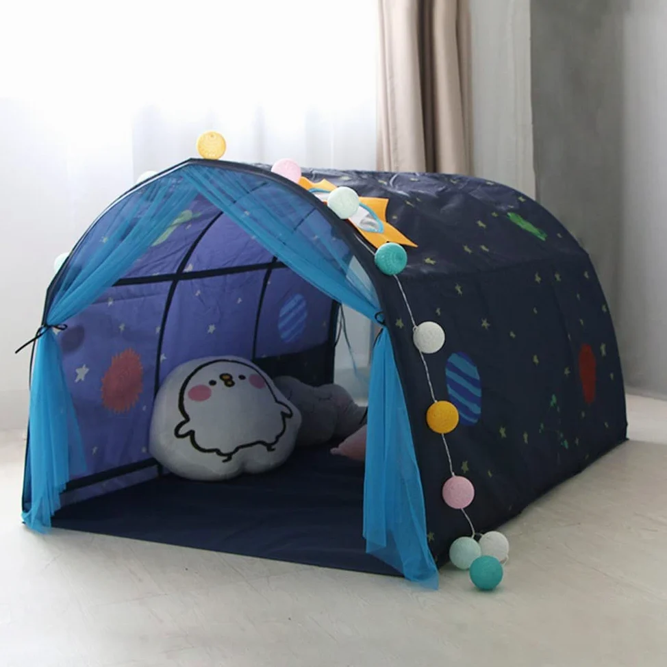 Tente tunnel pour enfant de 90 à 100 cm de largeur, lit mezzanine, tente superposée, tissu, bleu, simple