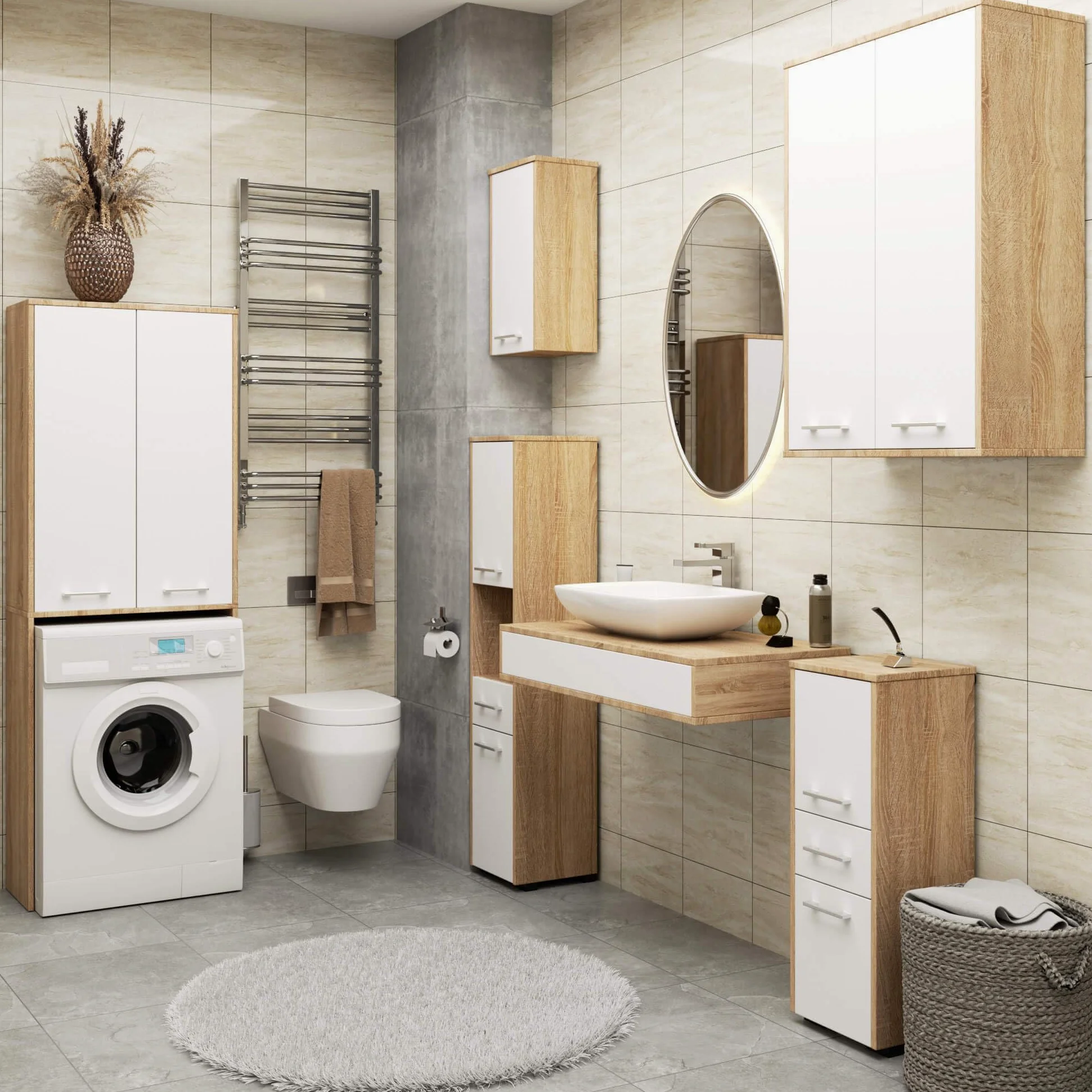 AKORD Meuble Salle de Bain Suspendu Fin 64 cm - 2 Portes, 4 Étagères - Armoire Murale 64x94x30 cm - Meuble Haut WC - Compact, Moderne - Idéal pour Petits Espaces - Chêne de Sonoma & Blanc