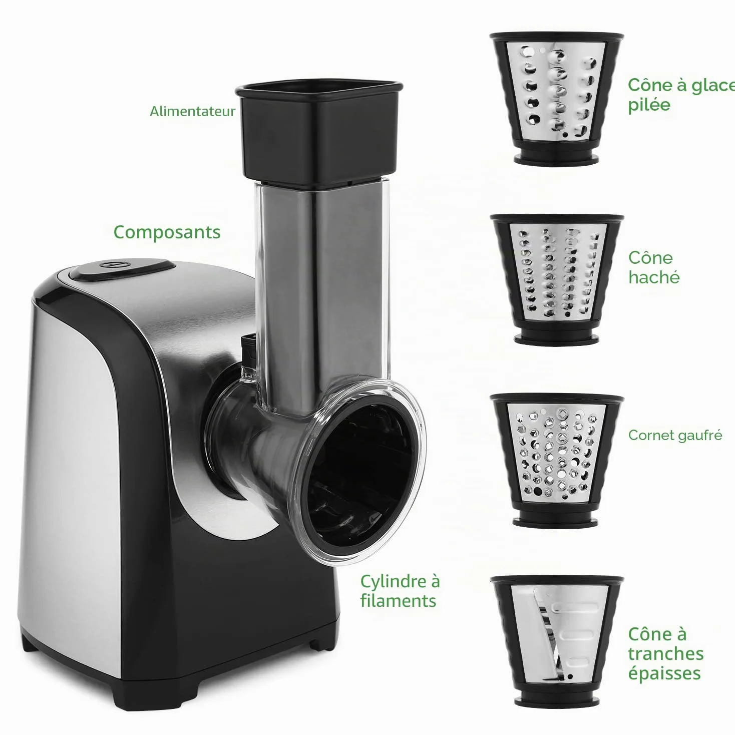 Râpe électrique de légumes et de fruits, coupe-légumes 150 W, coupe-légumes électrique avec 5 accessoires en acier inoxydable cylindres, pour légumes pommes de terre oignon
