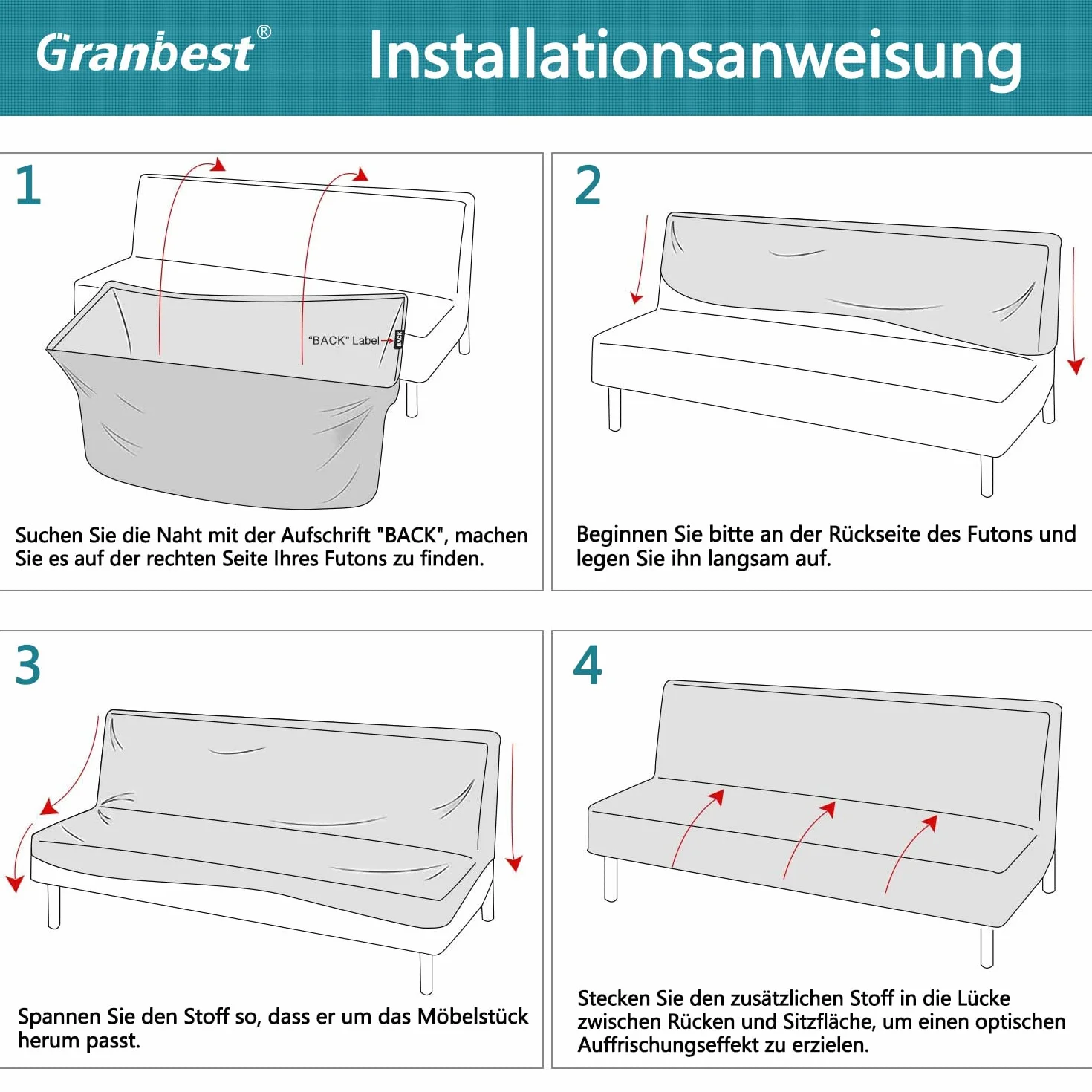 Granbest Housse de futon épaisse à haute élasticité - Sans bras - Nouveau motif - Pour canapé-lit plissé - Antidérapante - Sans accoudoirs - Futon - Noir