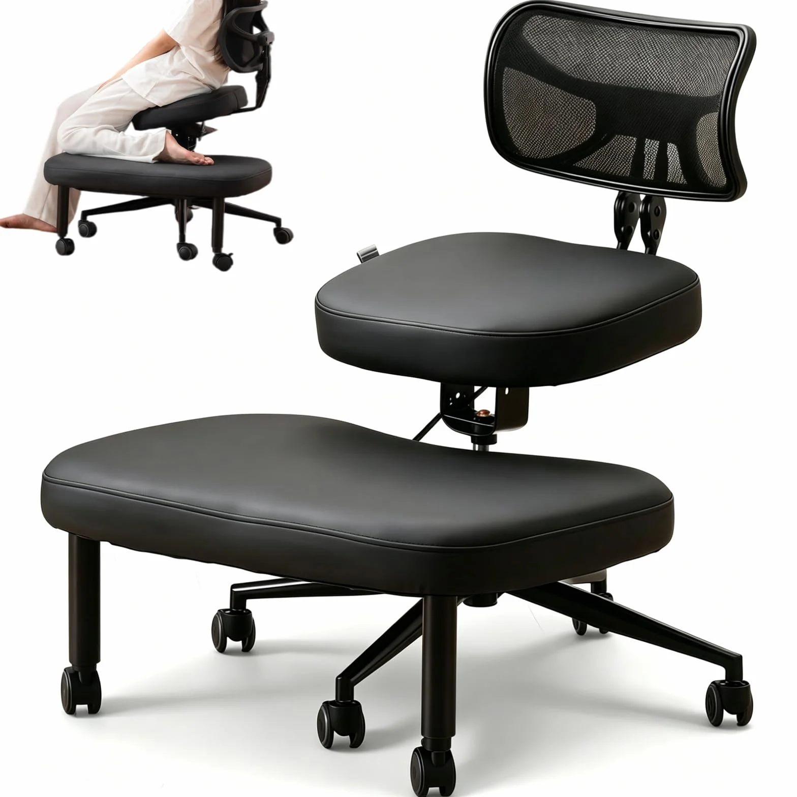 Chaise croisée avec roues, chaise à genoux polyvalente avec support arrière, tabouret réglable avec siège incliné pour une meilleure posture, coussins épais et confortables, noir
